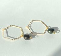 Black Freshwater Pearl Hexagon Dangle Hoops
