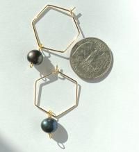 Black Freshwater Pearl Hexagon Dangle Hoops
