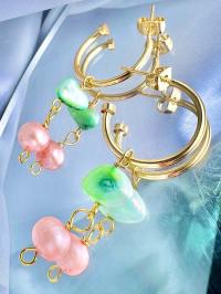 Pink & Aqua Green Pearl Dangle Hoops