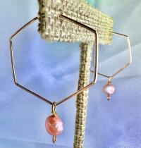 Pink Freshwater Pearl Hexagon Dangle Hoops