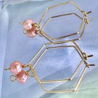 Pink Freshwater Pearl Hexagon Dangle Hoops