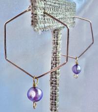 Purple Freshwater Pearl Hexagon Dangle Hoops