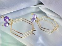 Purple Freshwater Pearl Hexagon Dangle Hoops