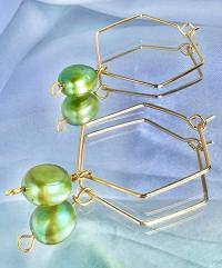 Green Freshwater Pearl Hexagon Dangle Hoops