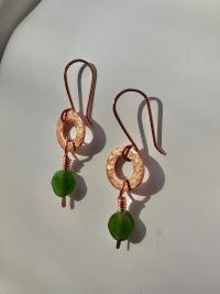 Natural Jade Hammered Copper Ring Earrings