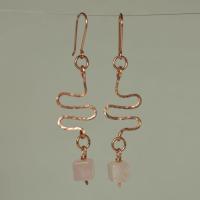 Rose Quartz & Hammered Copper Wavy Eclectic Statement Earrings