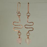 Rose Quartz & Hammered Copper Wavy Eclectic Statement Earrings