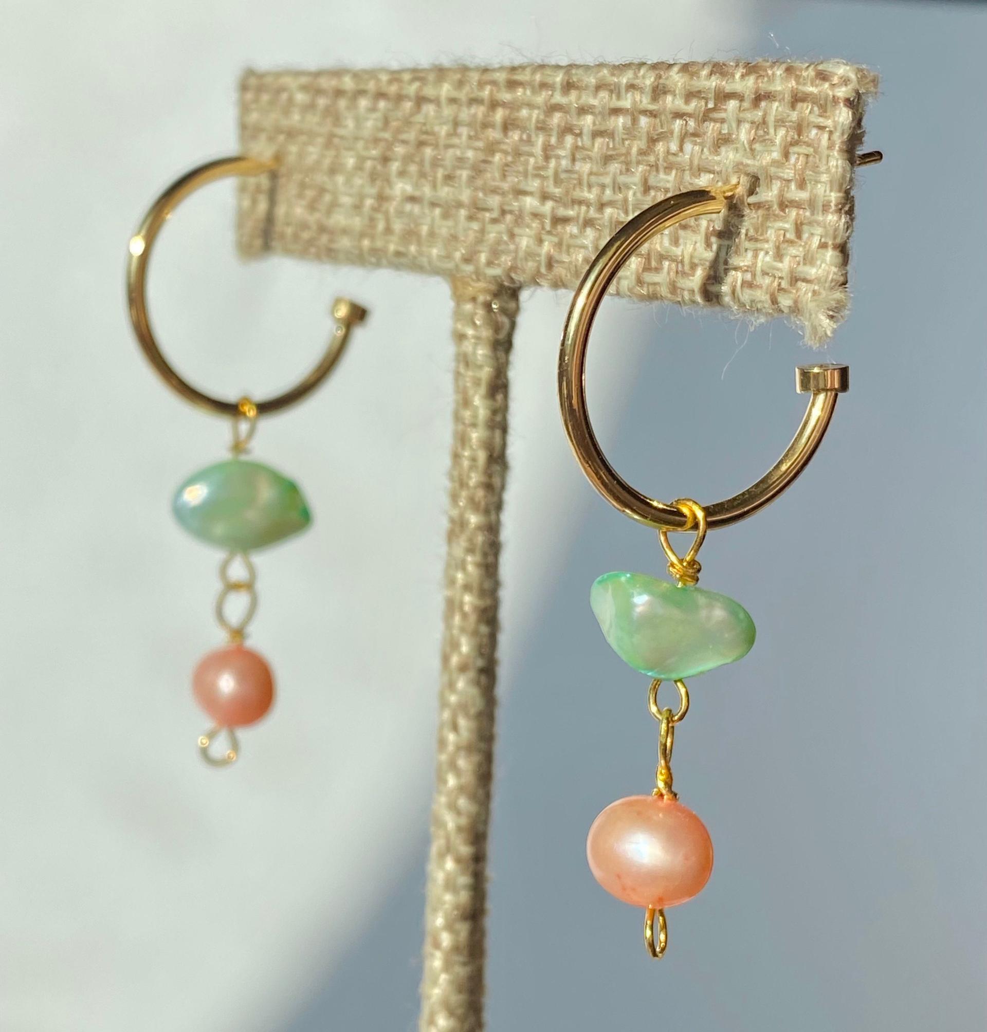 Pink & Aqua Green Pearl Dangle Hoops