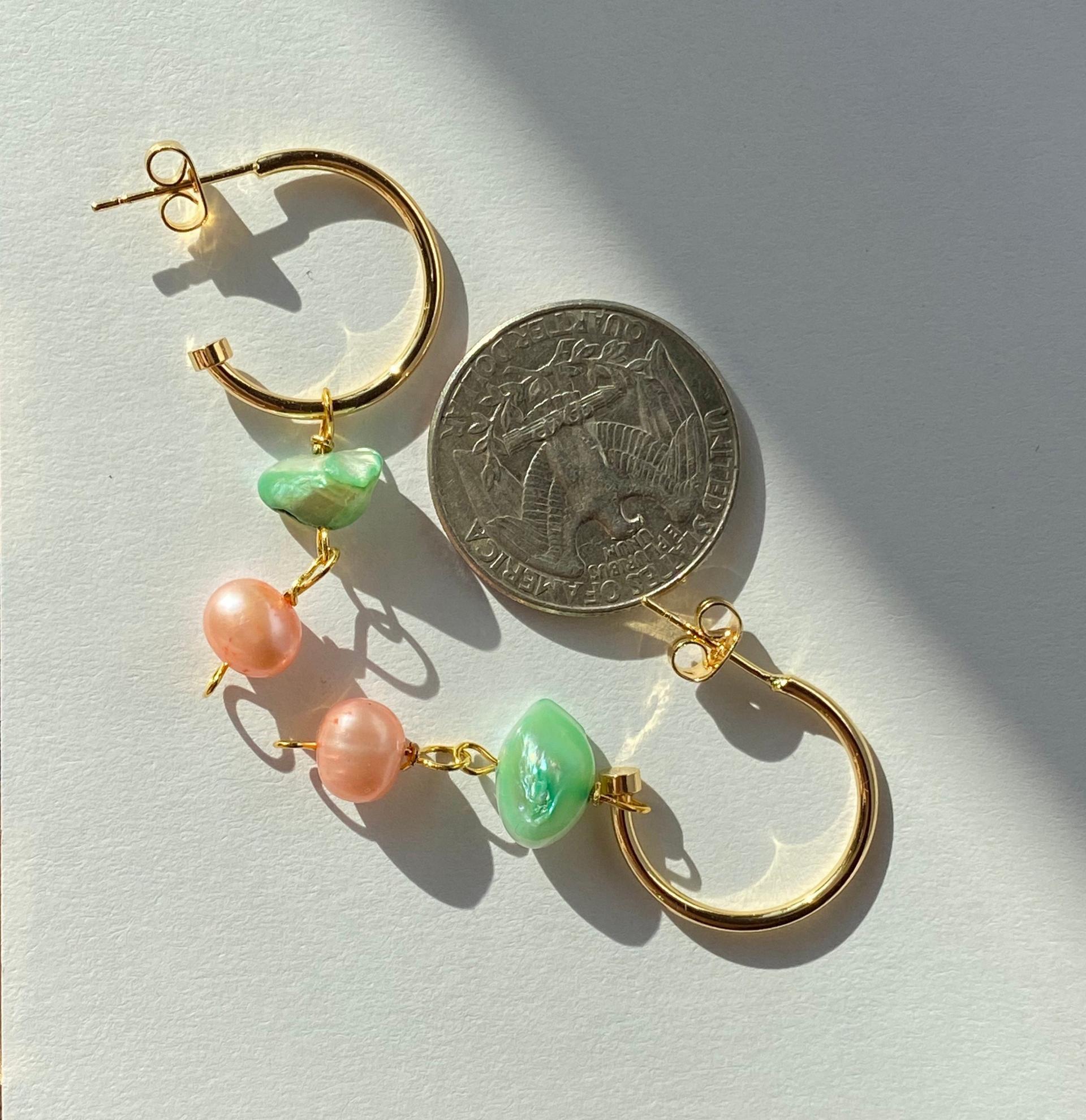 Pink & Aqua Green Pearl Dangle Hoops