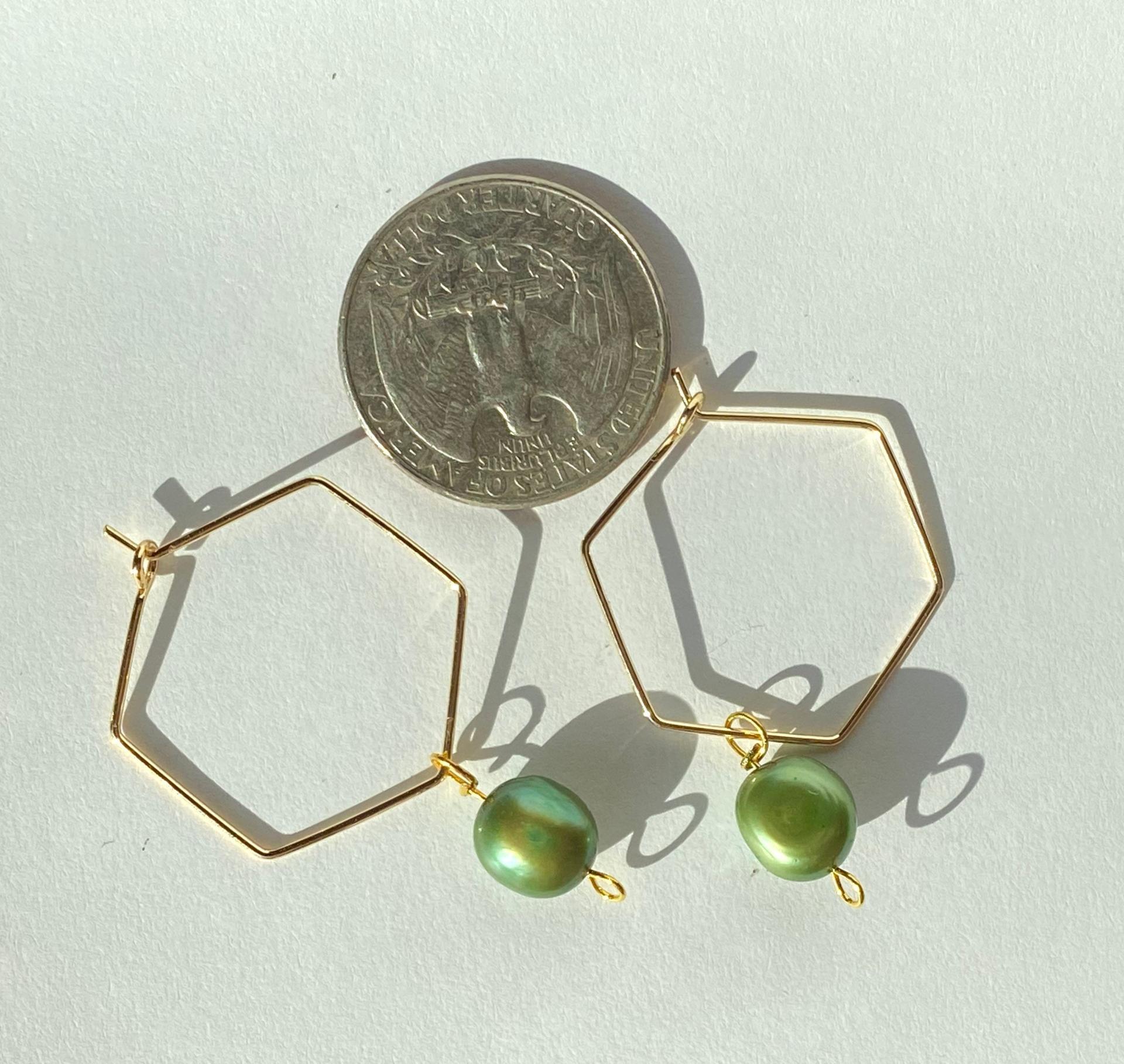 Green Freshwater Pearl Hexagon Dangle Hoops