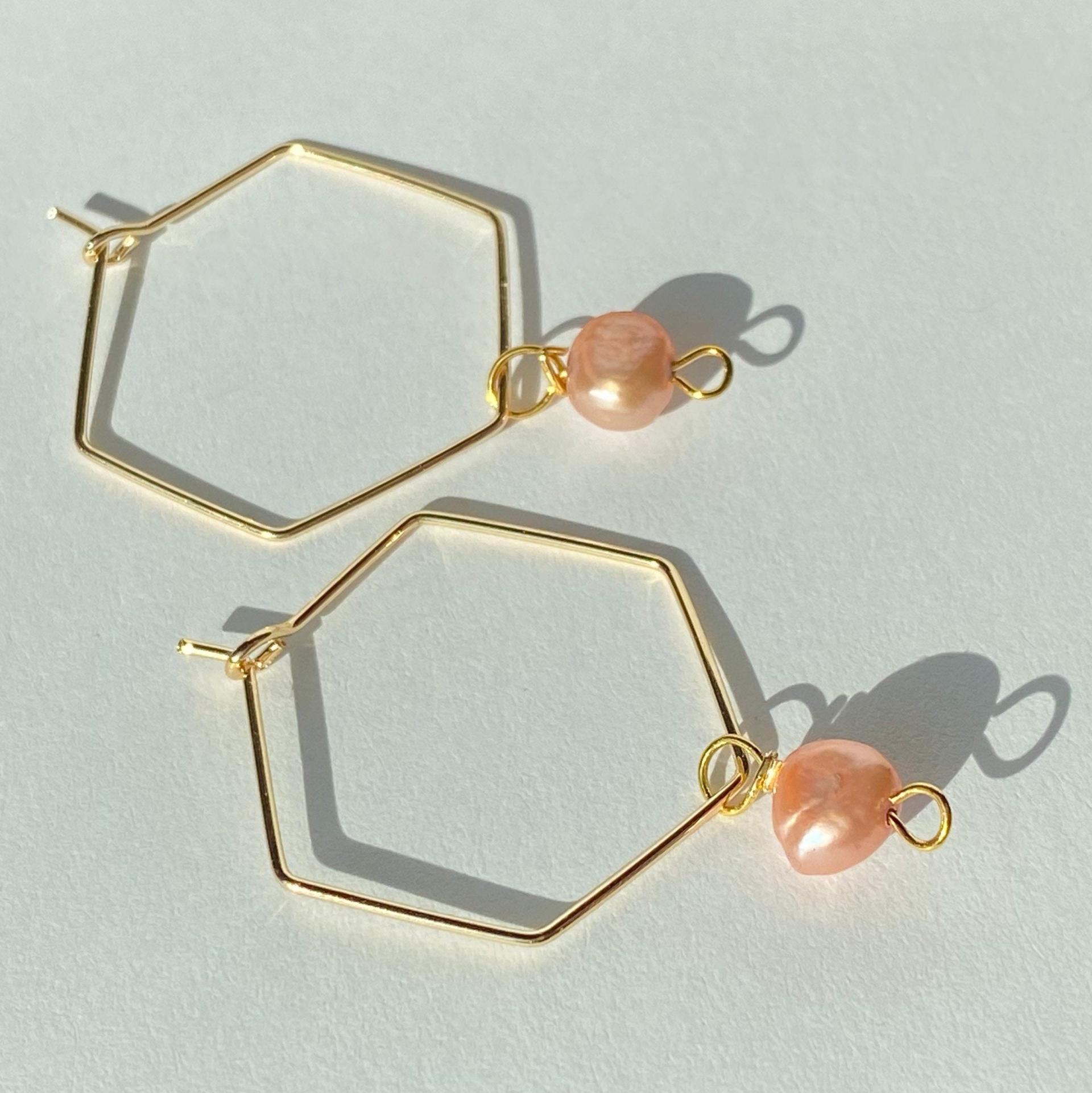 Pink Freshwater Pearl Hexagon Dangle Hoops