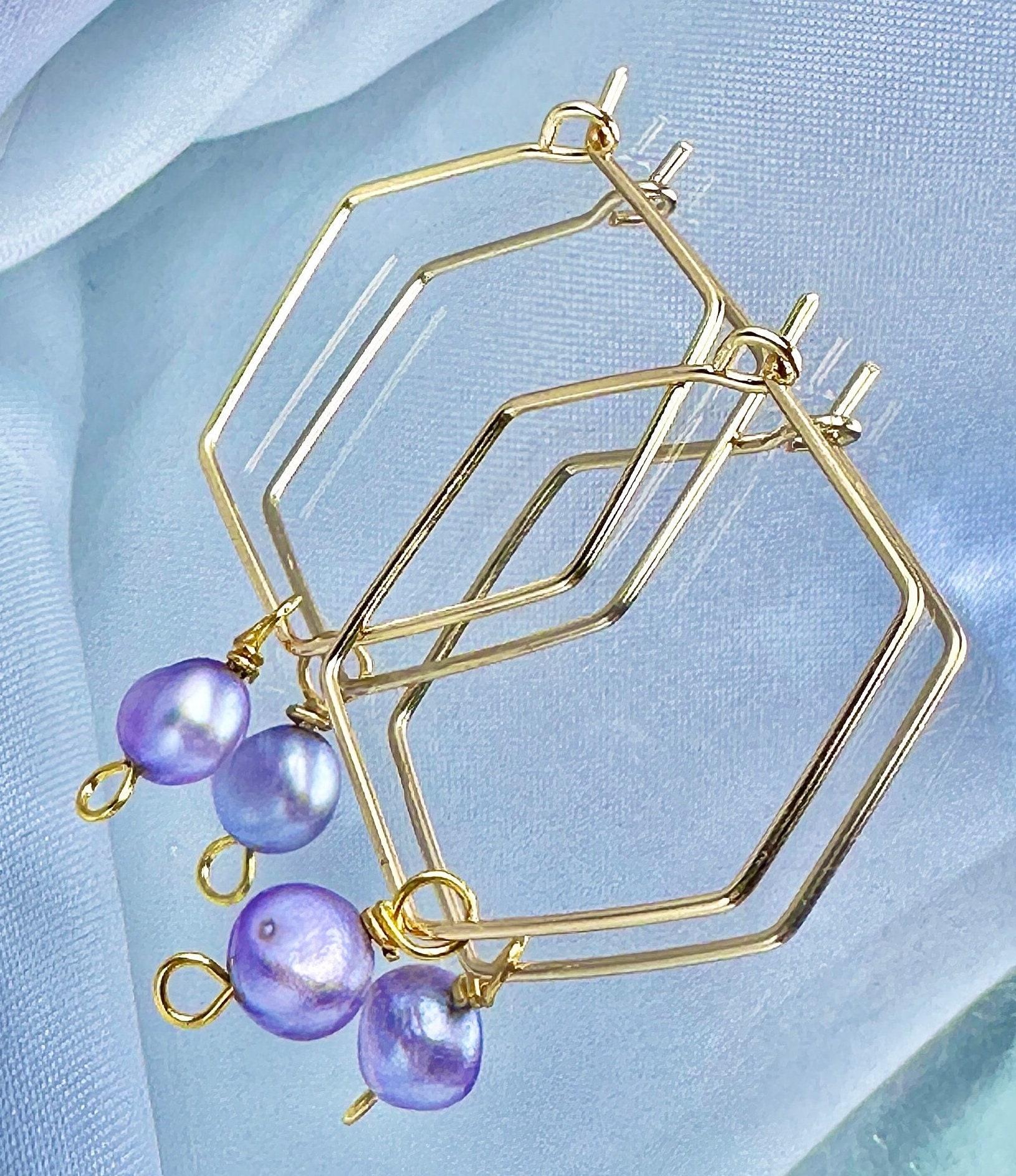 Purple Freshwater Pearl Hexagon Dangle Hoops