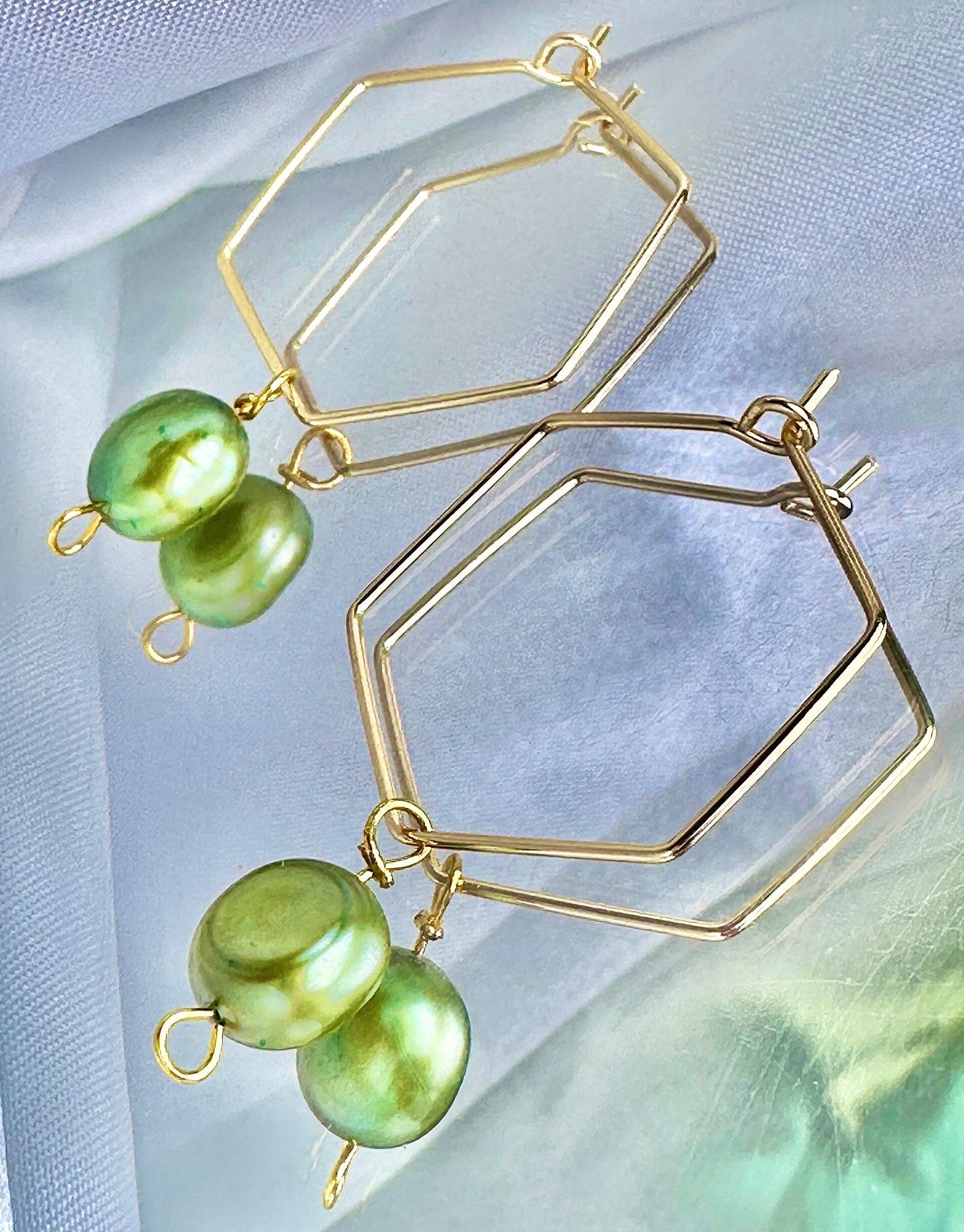 Green Freshwater Pearl Hexagon Dangle Hoops