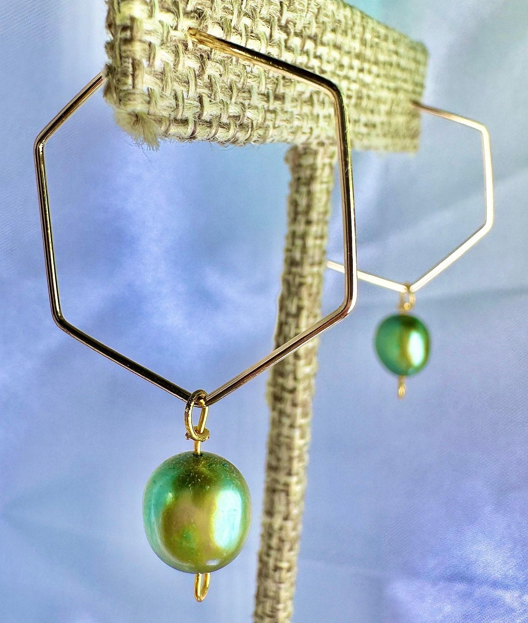 Green Freshwater Pearl Hexagon Dangle Hoops