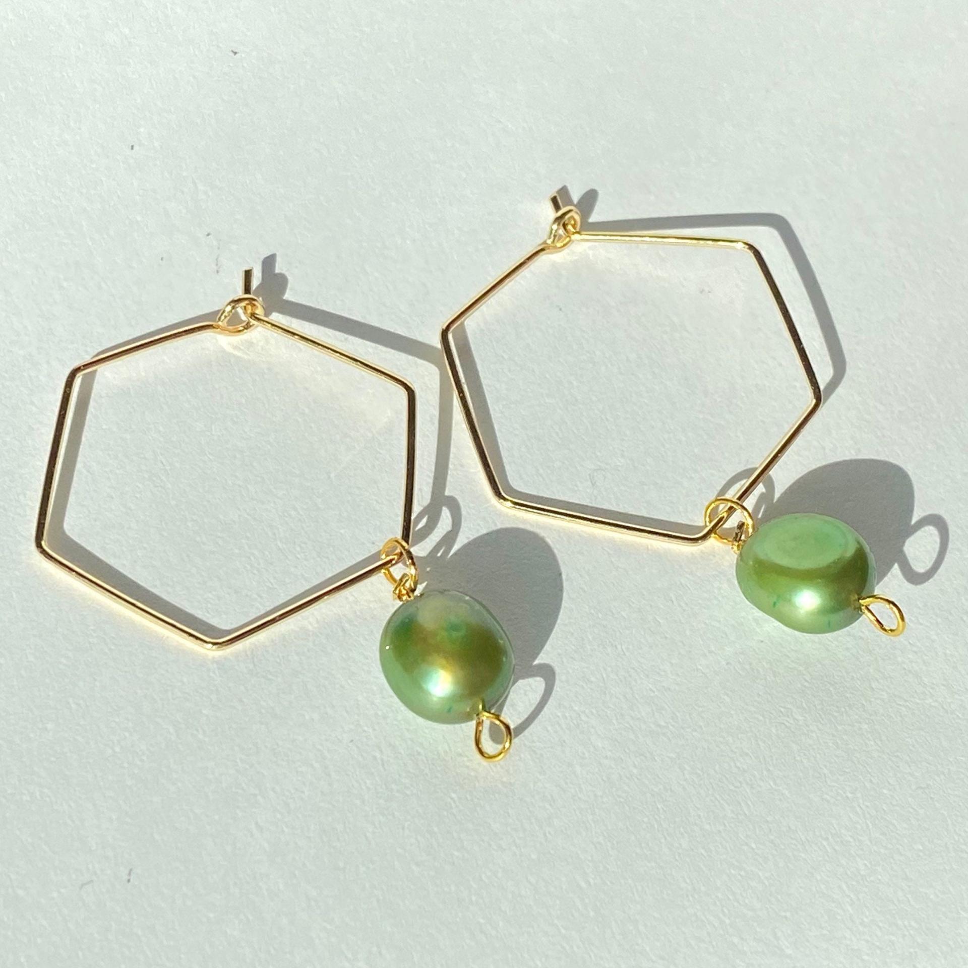 Green Freshwater Pearl Hexagon Dangle Hoops