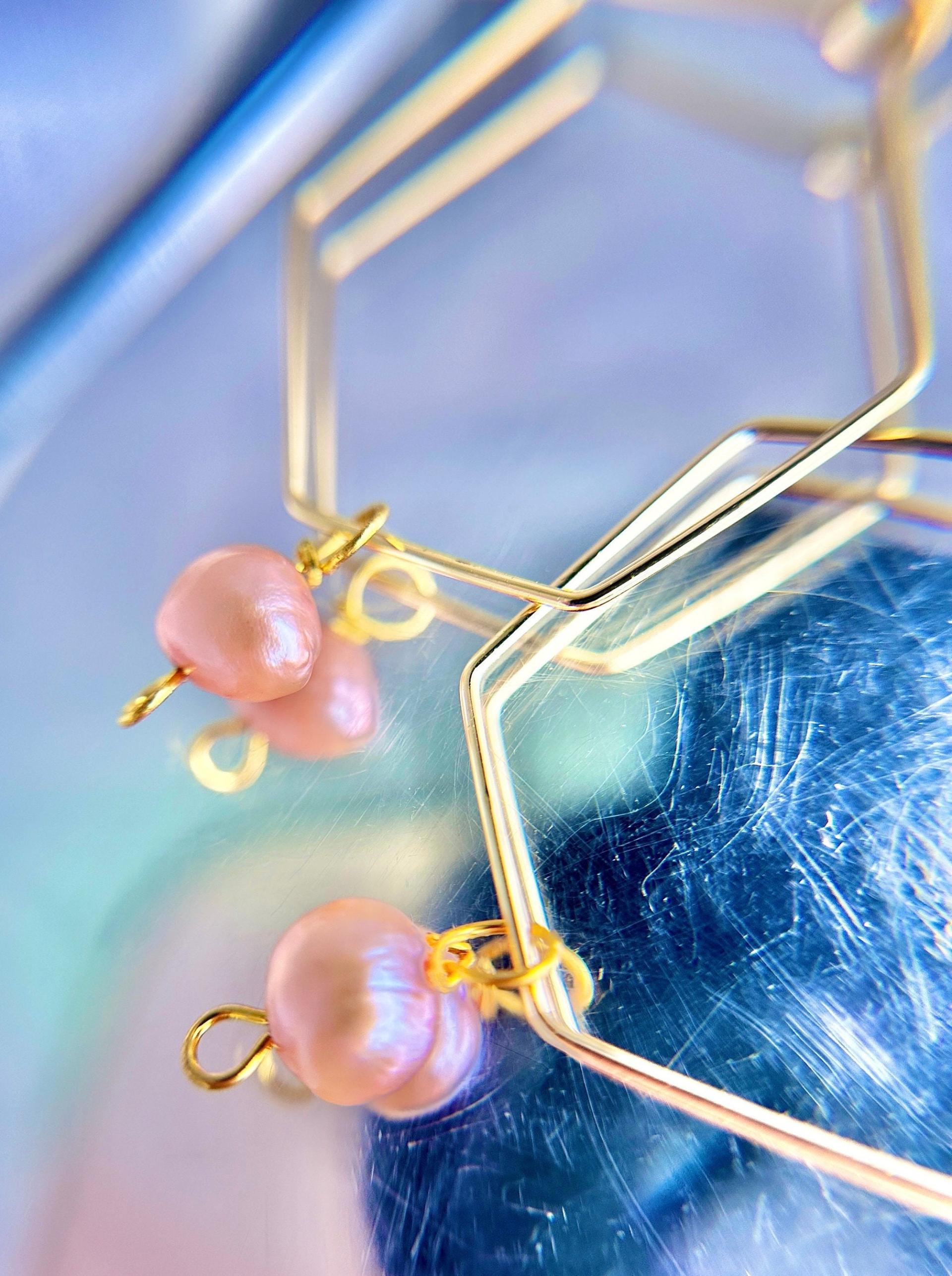 Pink Freshwater Pearl Hexagon Dangle Hoops