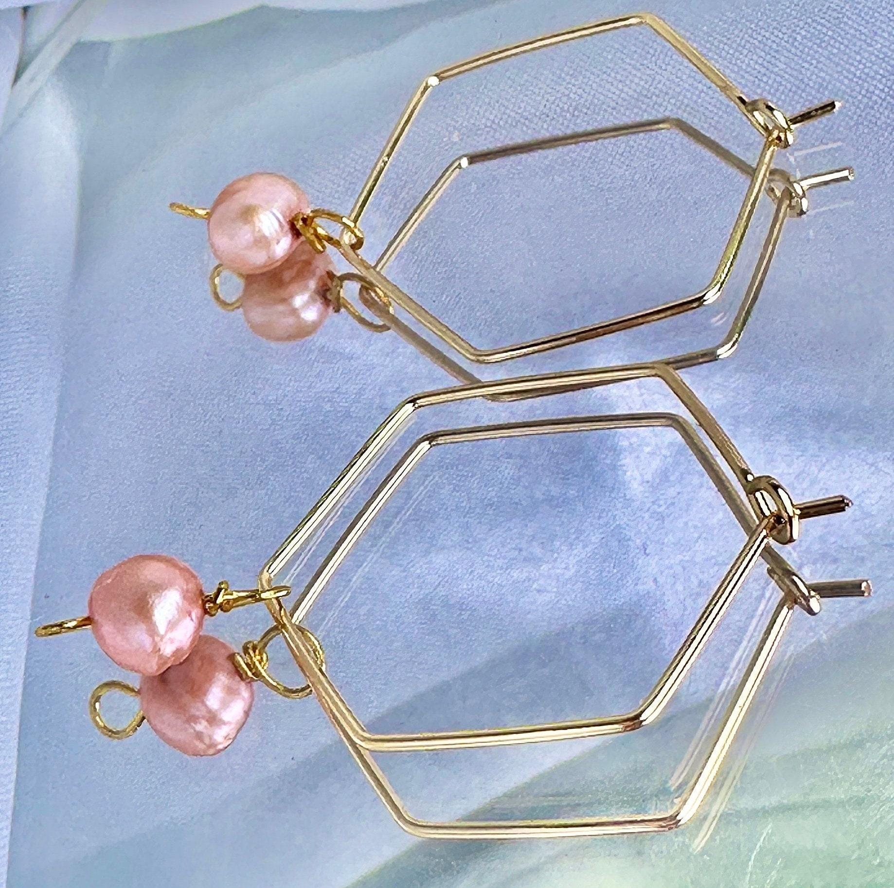 Pink Freshwater Pearl Hexagon Dangle Hoops