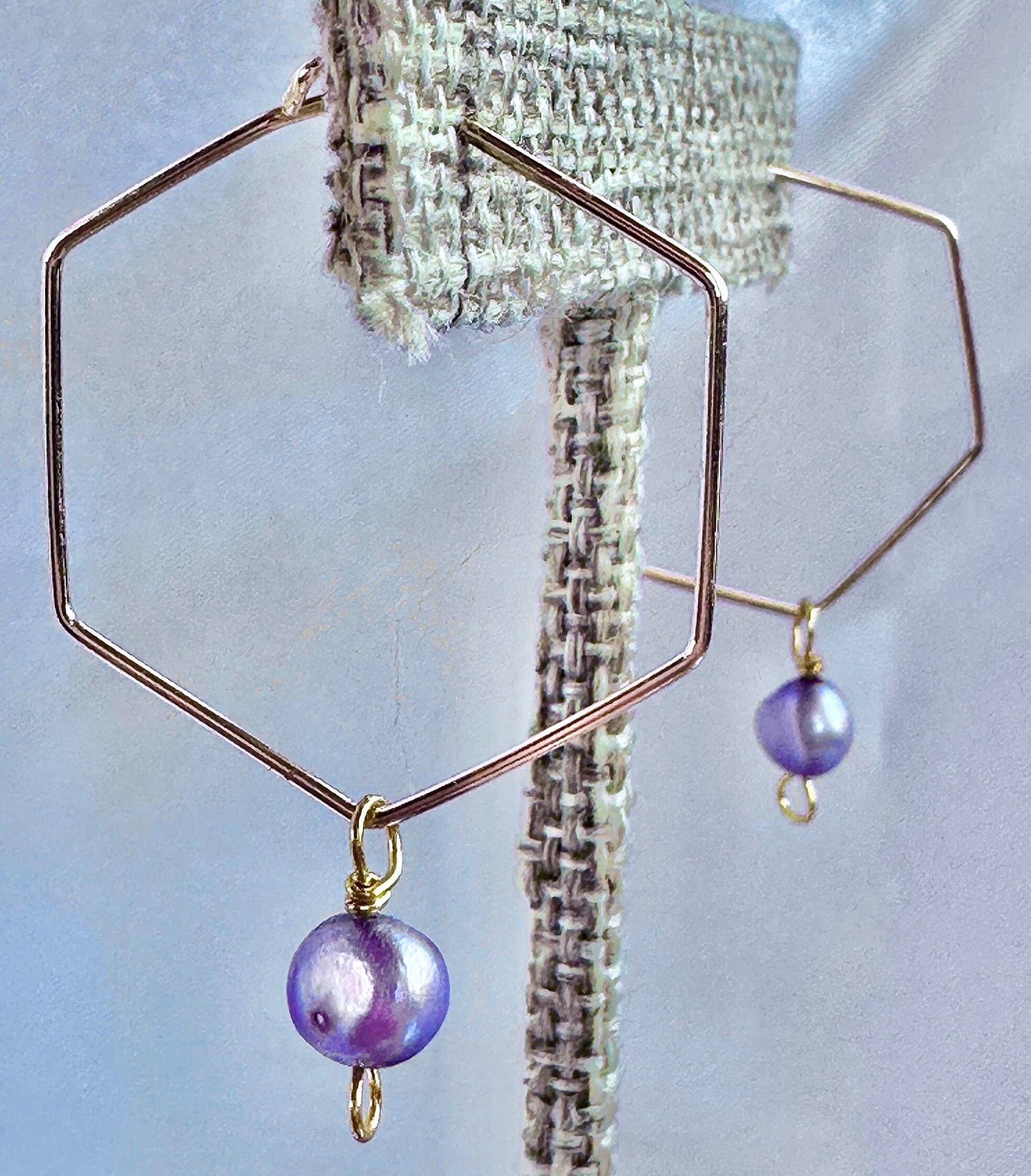 Purple Freshwater Pearl Hexagon Dangle Hoops