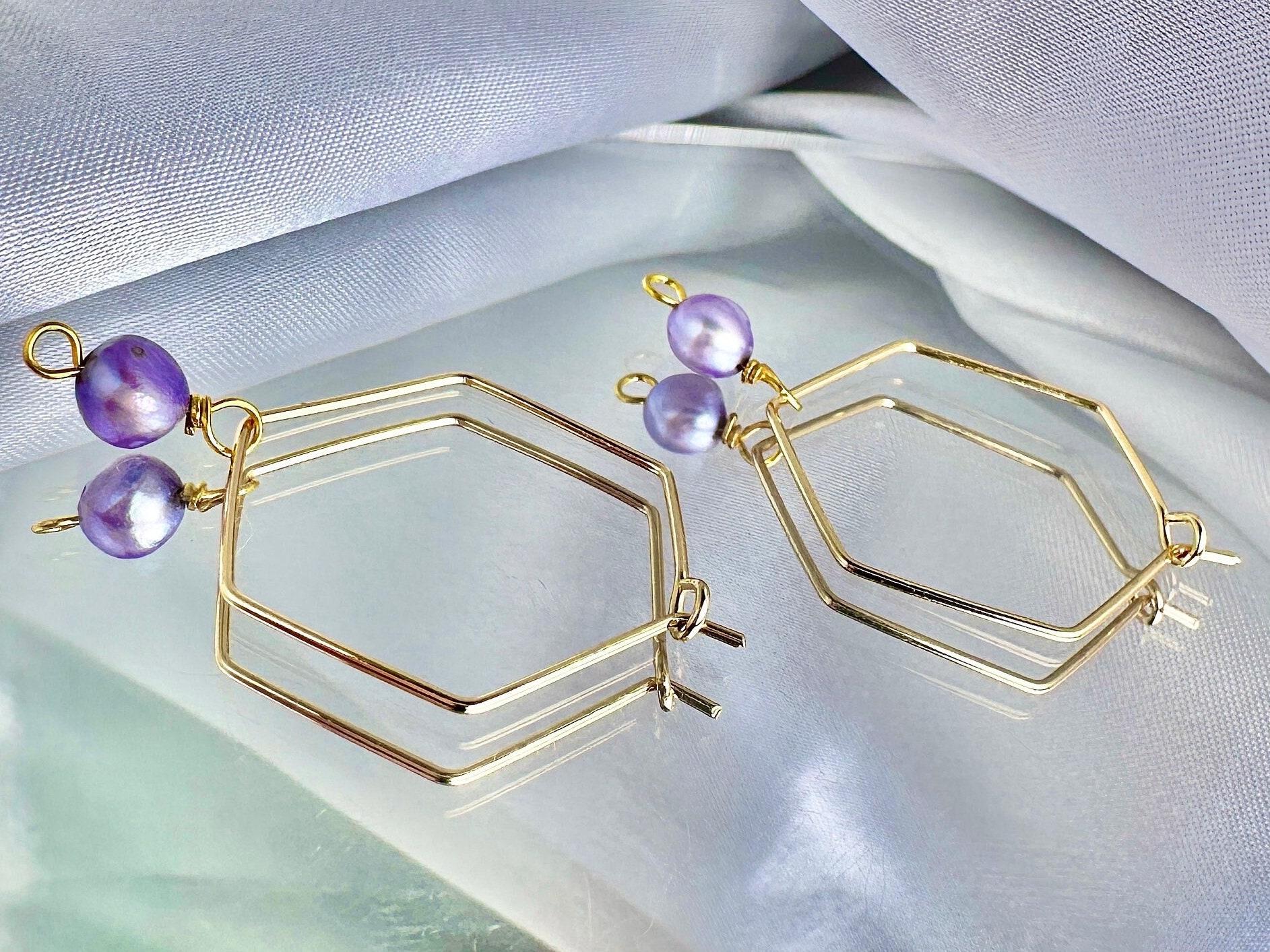 Purple Freshwater Pearl Hexagon Dangle Hoops