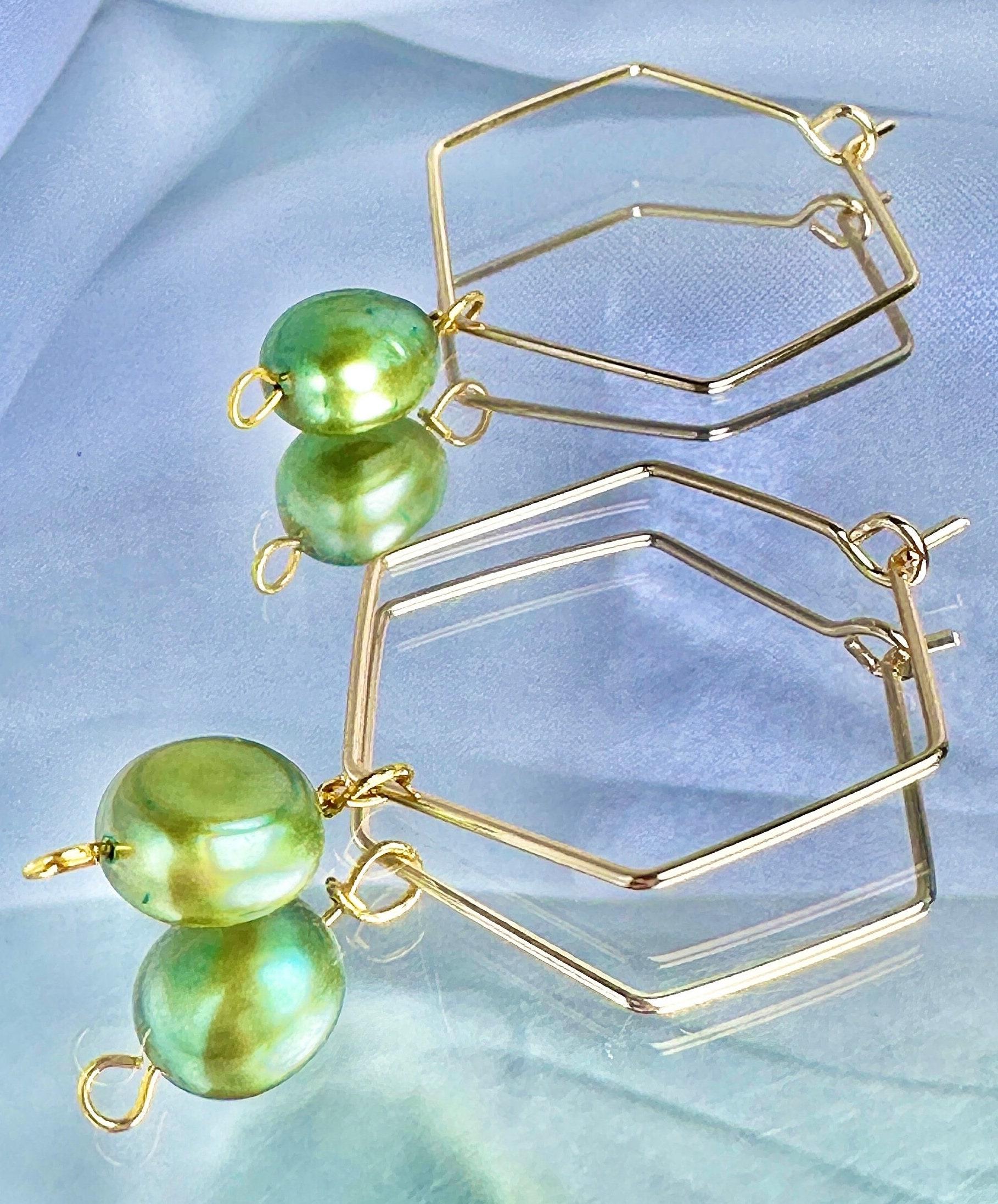 Green Freshwater Pearl Hexagon Dangle Hoops