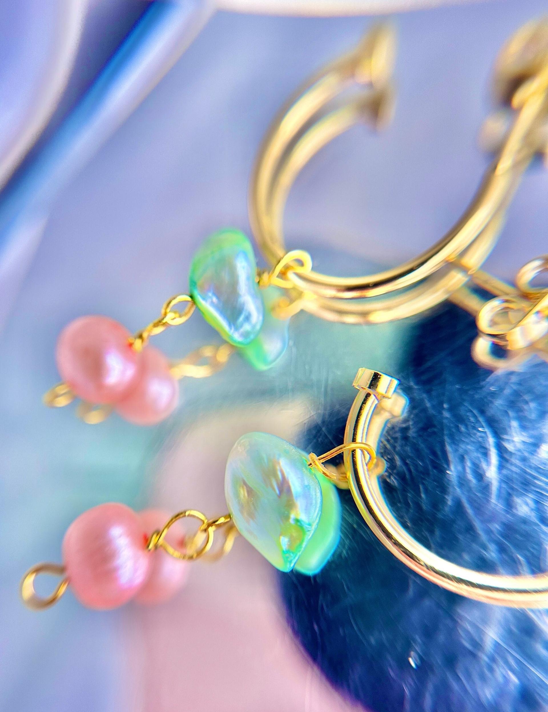 Pink & Aqua Green Pearl Dangle Hoops