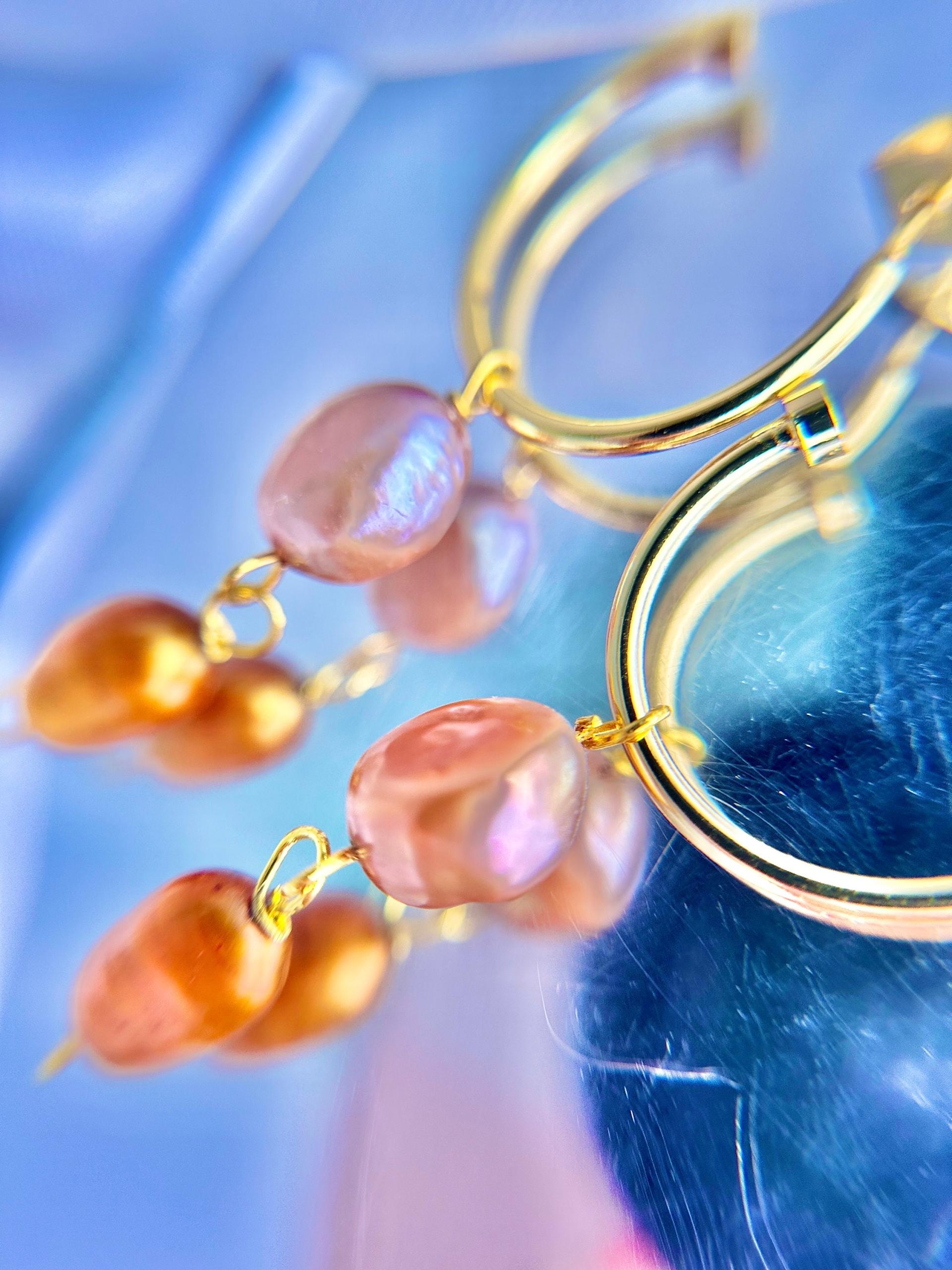 Peach & Orange Pearl Dangle Hoops