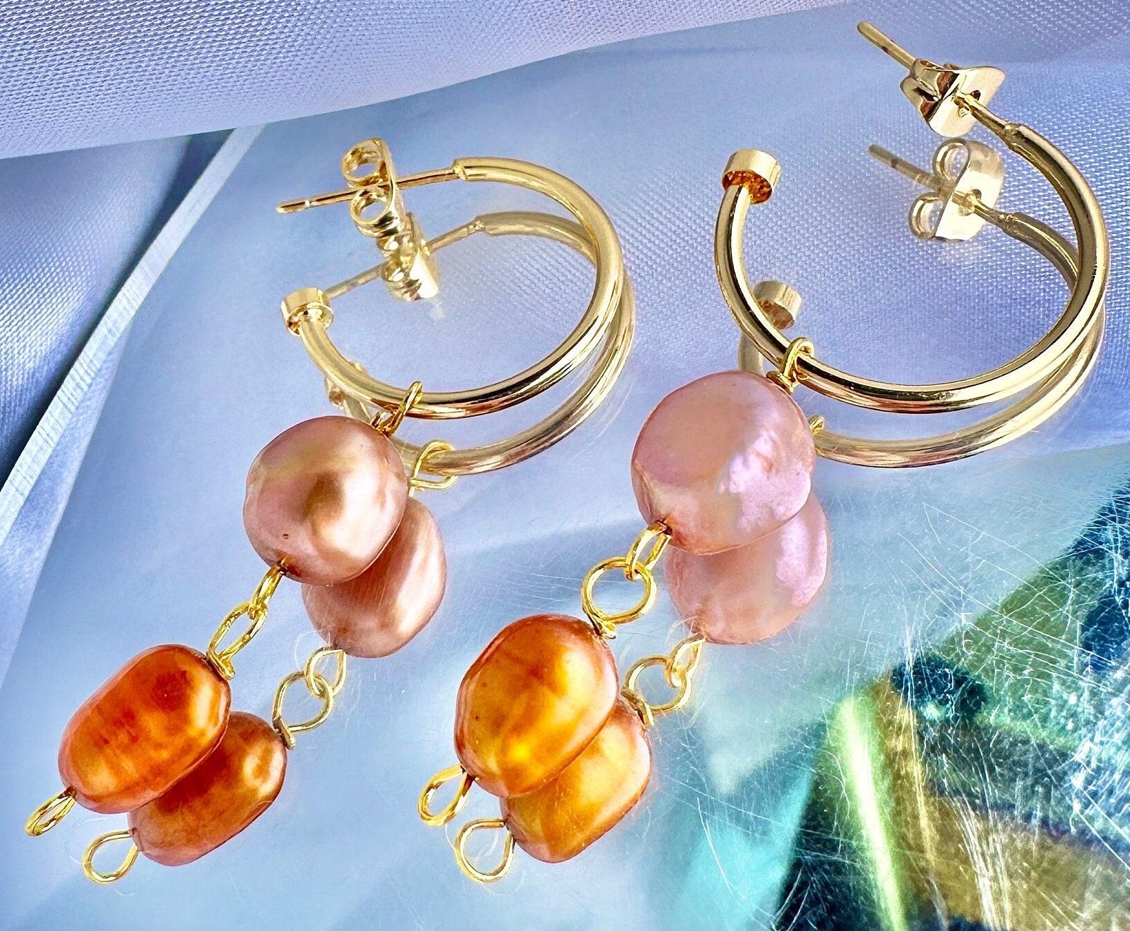 Peach & Orange Pearl Dangle Hoops