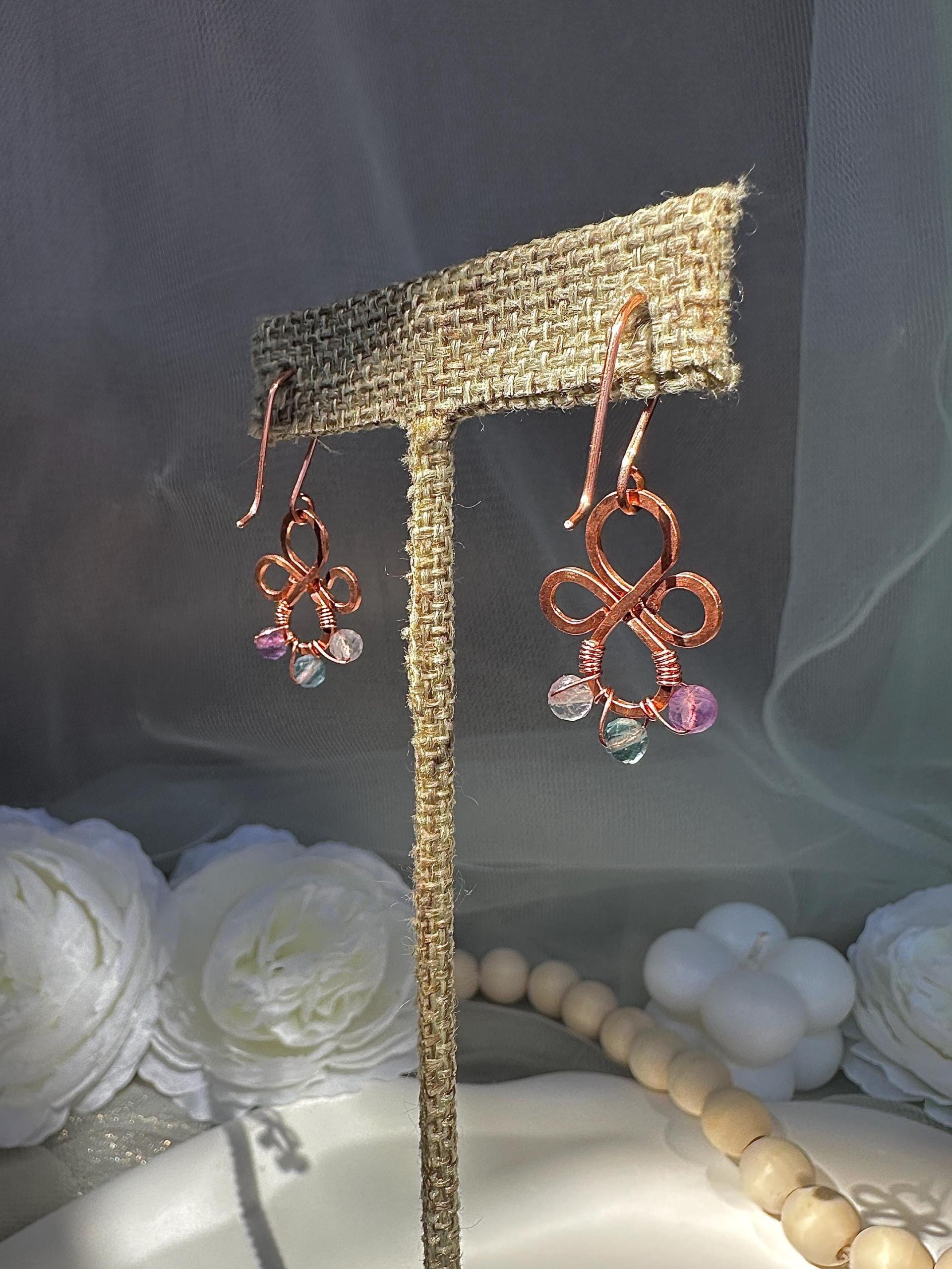 Natural Rainbow Fluorite Hammered Copper Fleur Earrings
