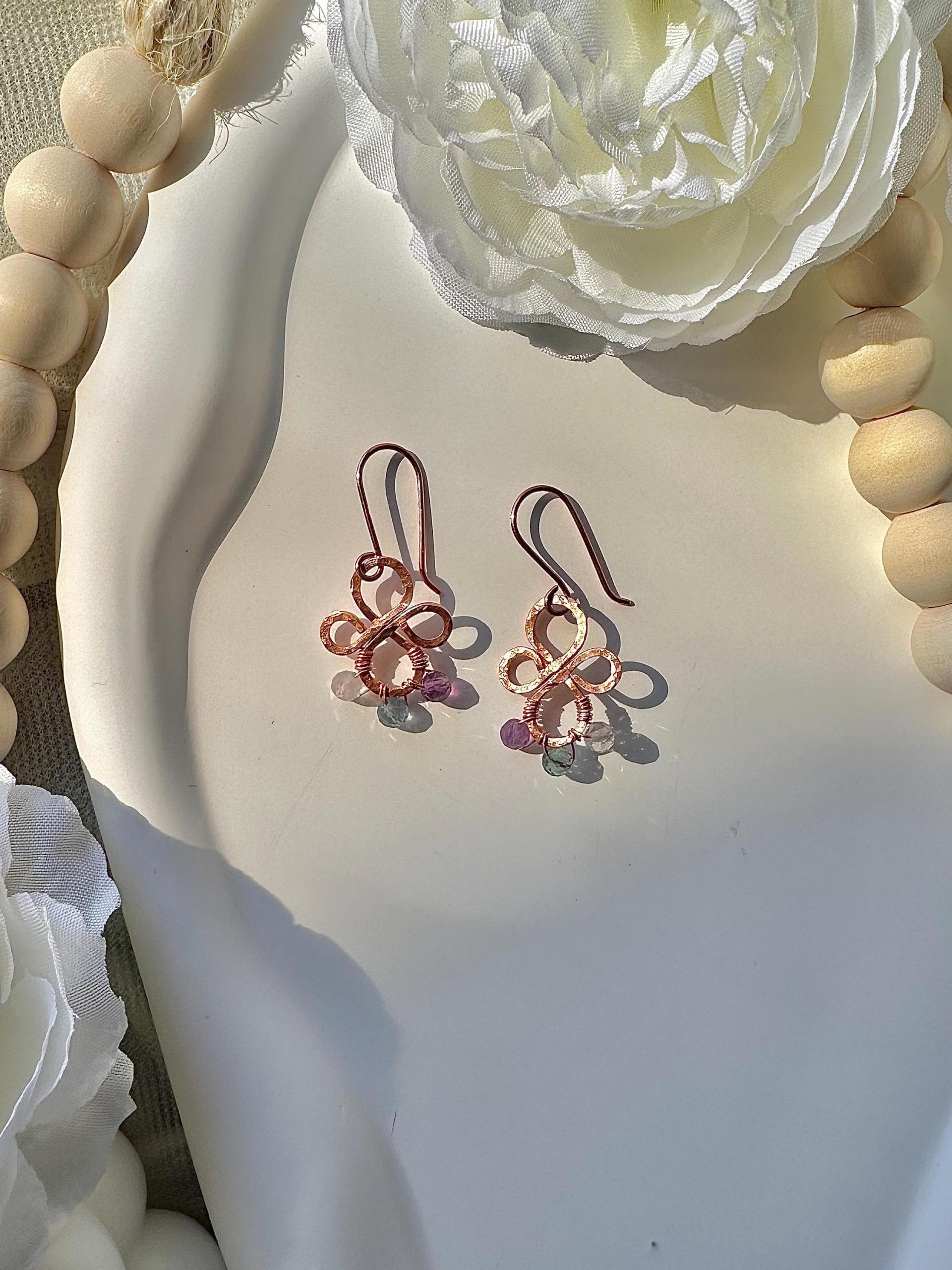 Natural Rainbow Fluorite Hammered Copper Fleur Earrings