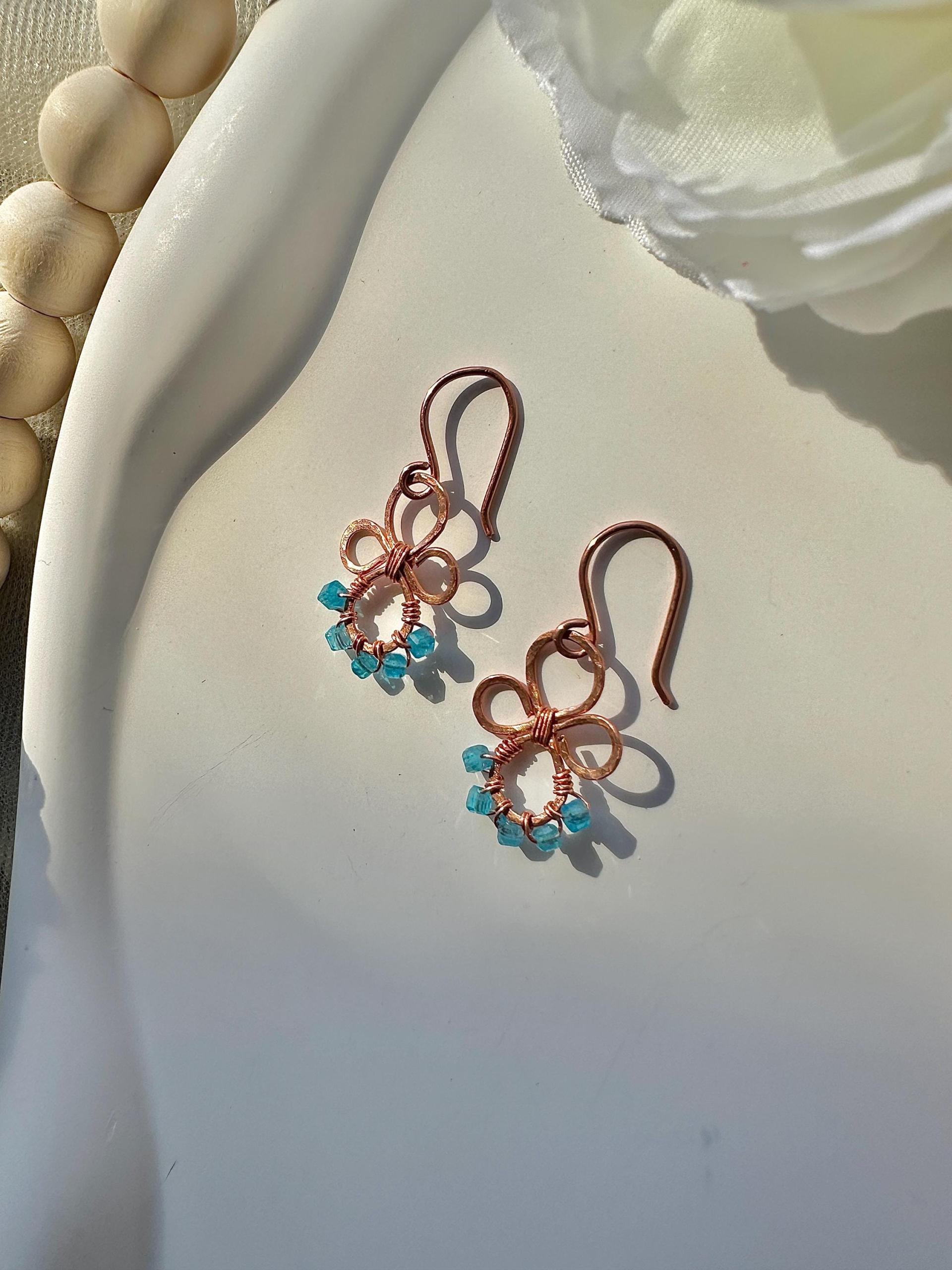 Natural Apatite Hammered Copper Fleur Earrings