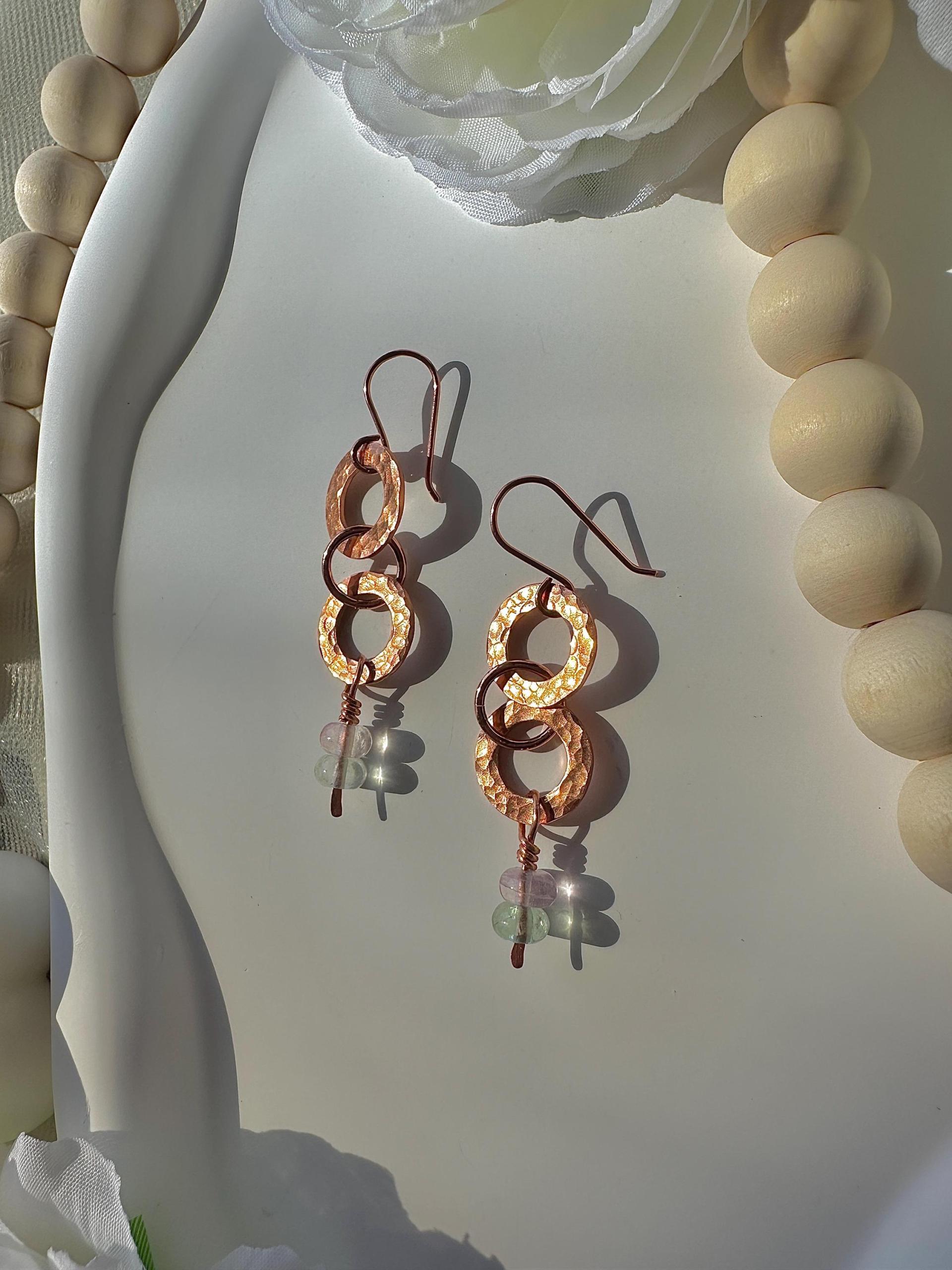 Natural Fluorite Hammered Copper Rings Earrings
