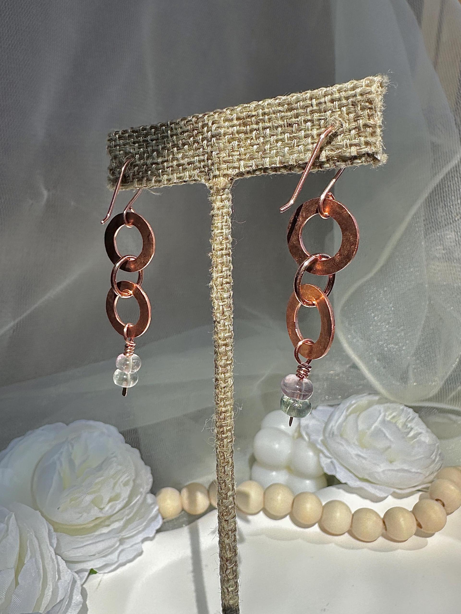 Natural Fluorite Hammered Copper Rings Earrings