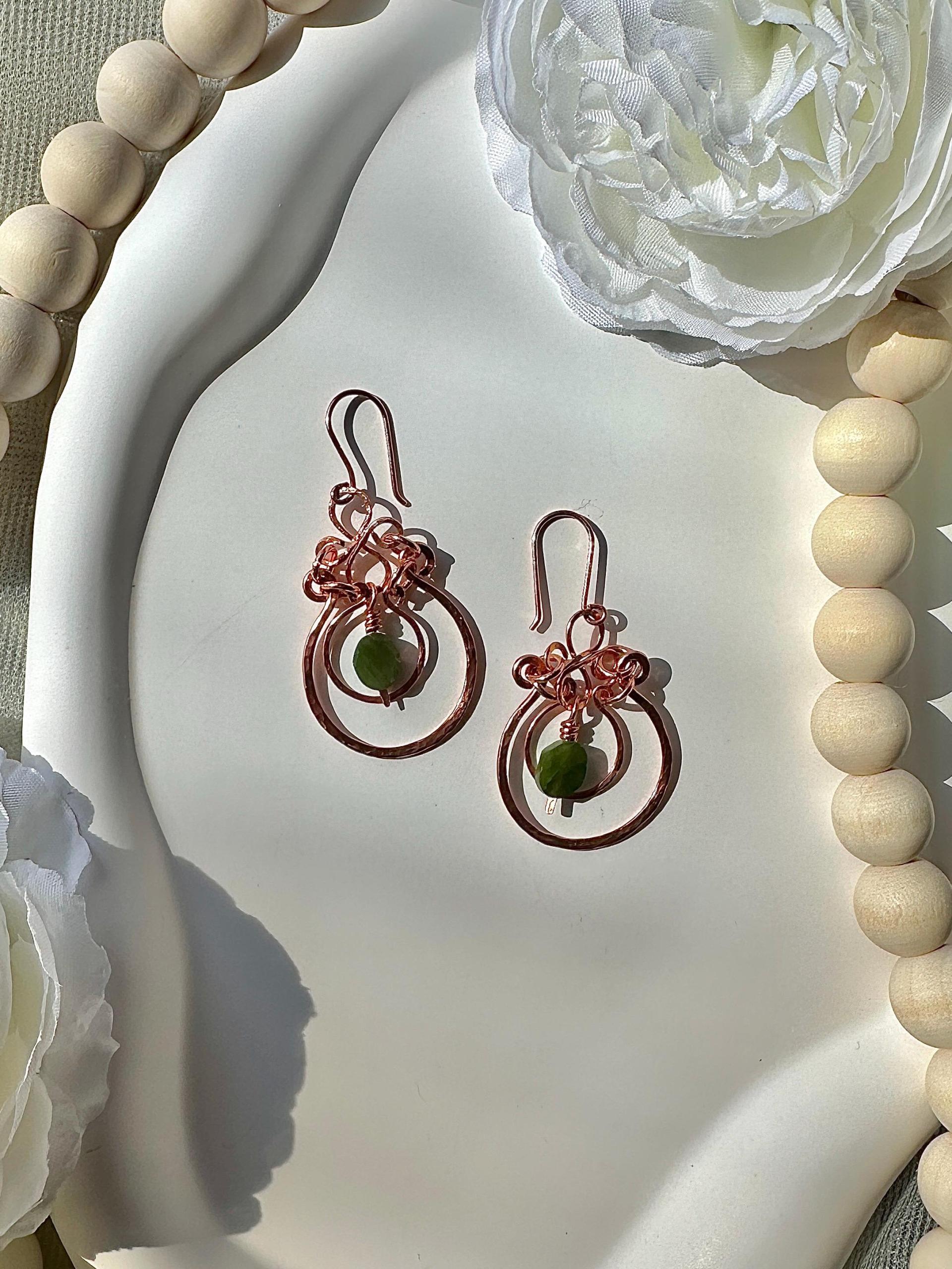 Natural Jade Hammered Copper Dangle Earrings
