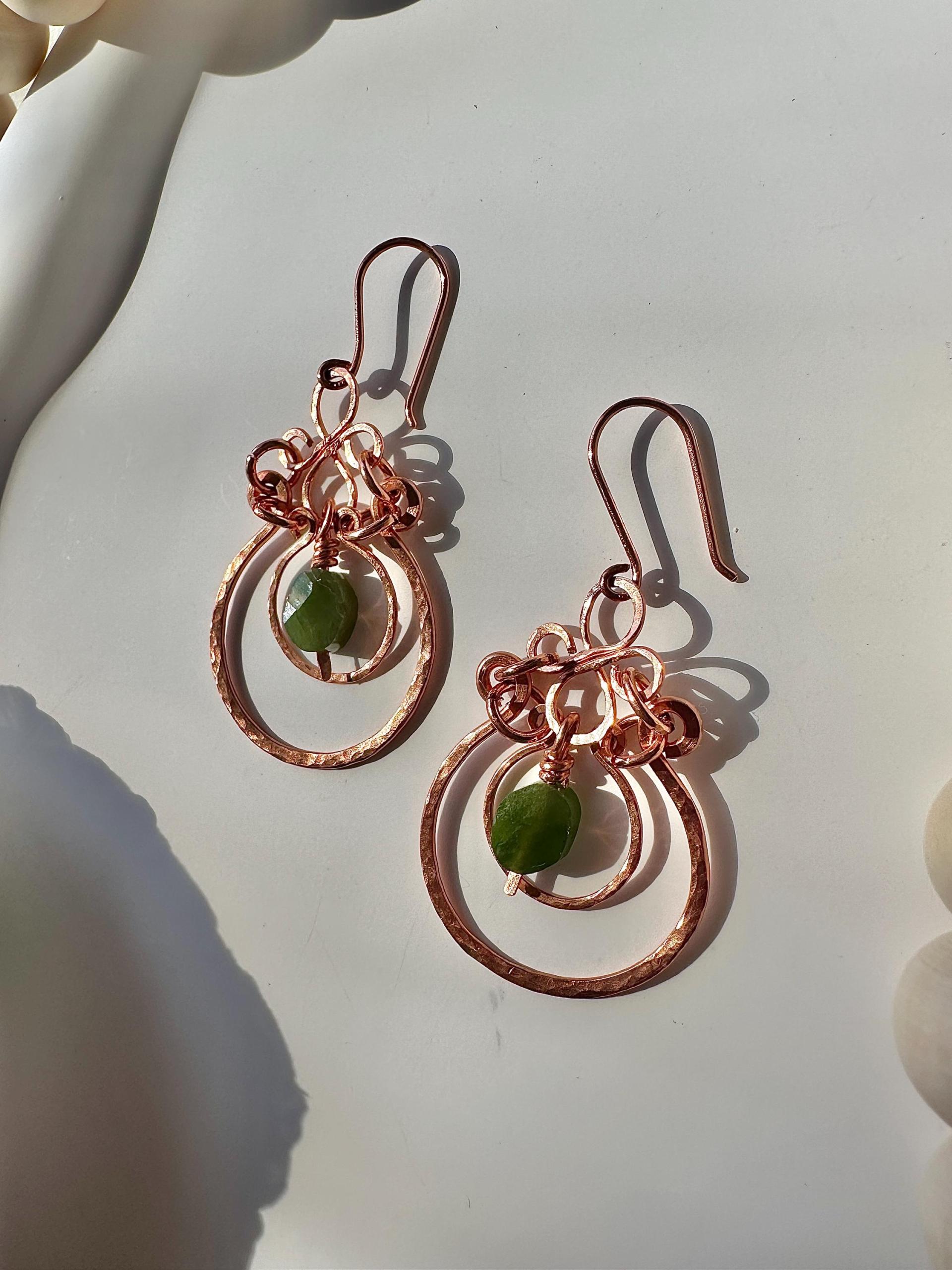 Natural Jade Hammered Copper Dangle Earrings