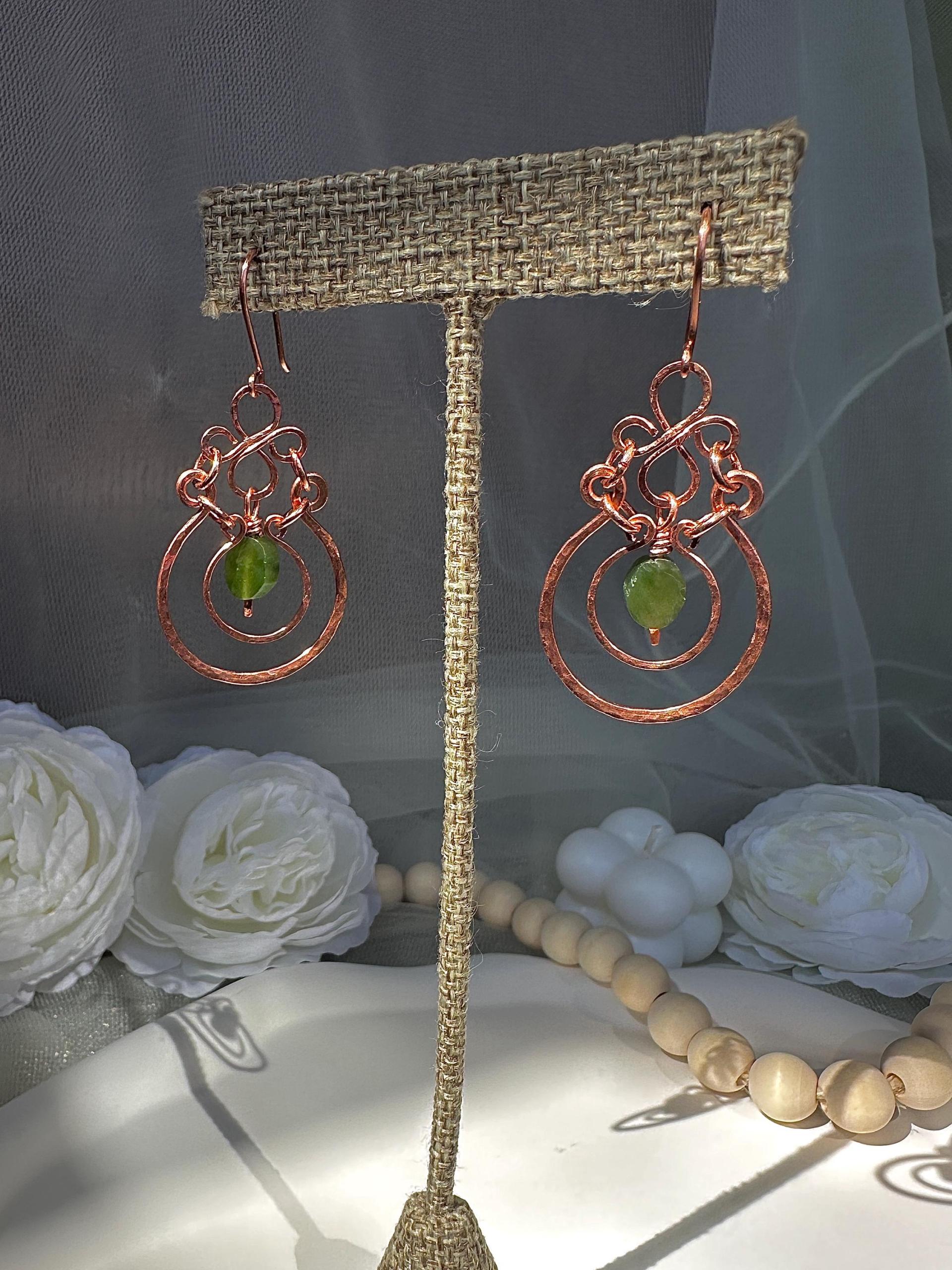 Natural Jade Hammered Copper Dangle Earrings