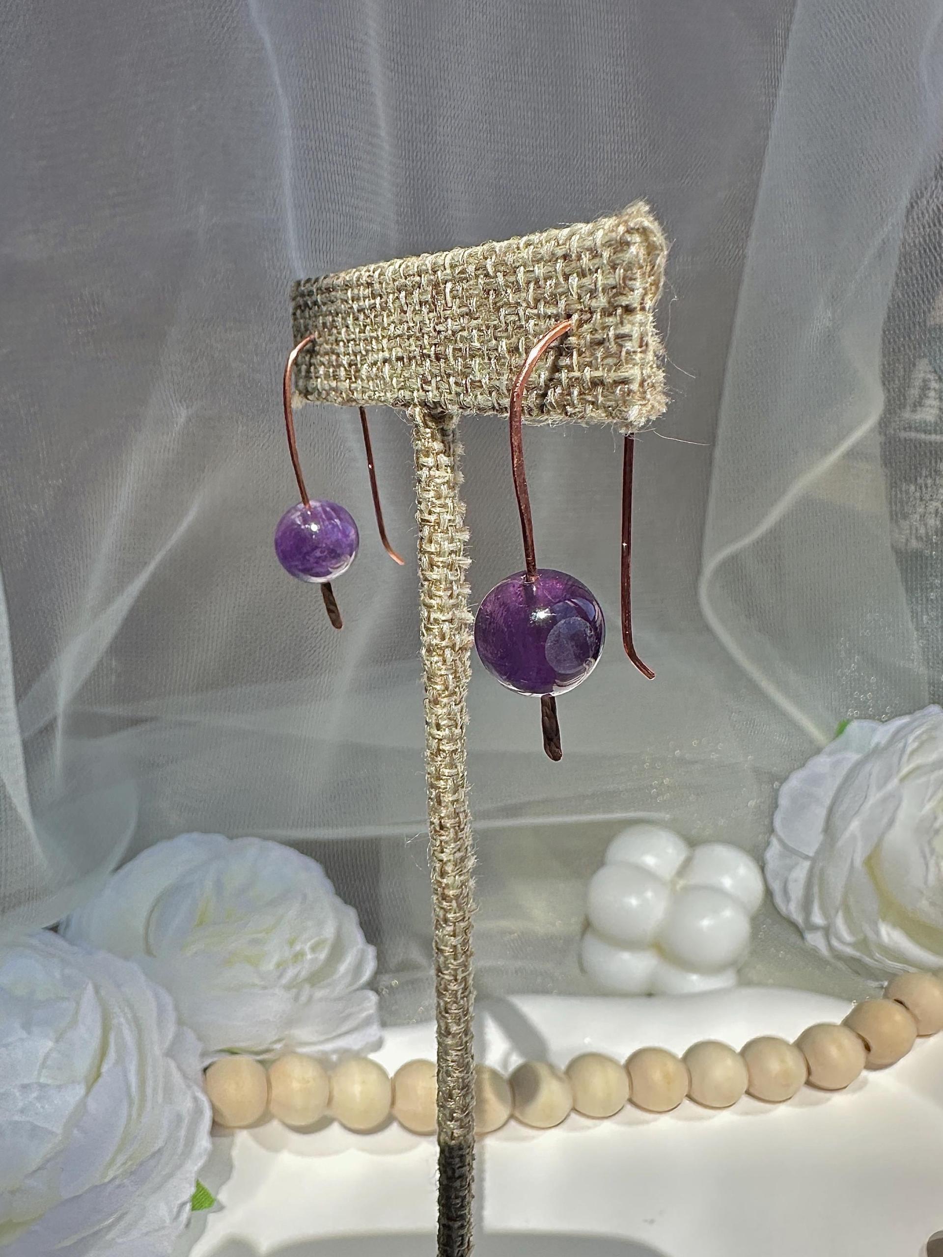 Natural Amethyst Hammered Copper Minimalist Earrings