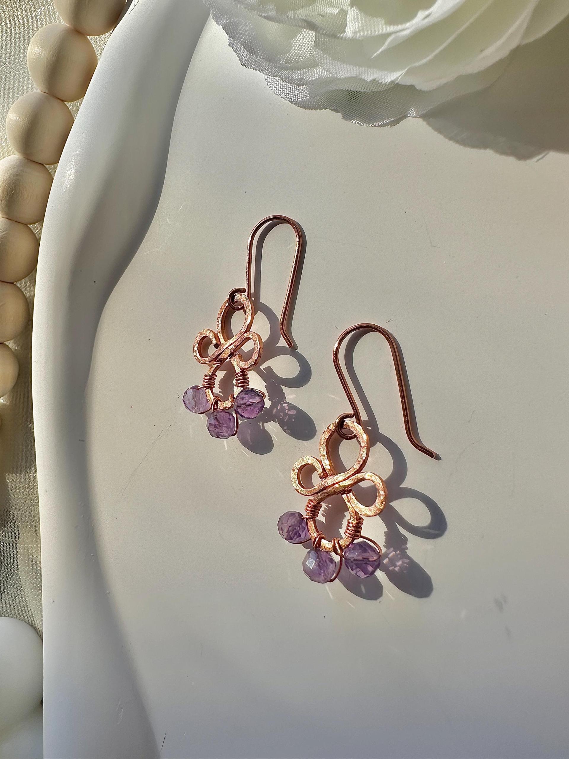 Natural Amethyst Hammered Fleur Copper Earrings