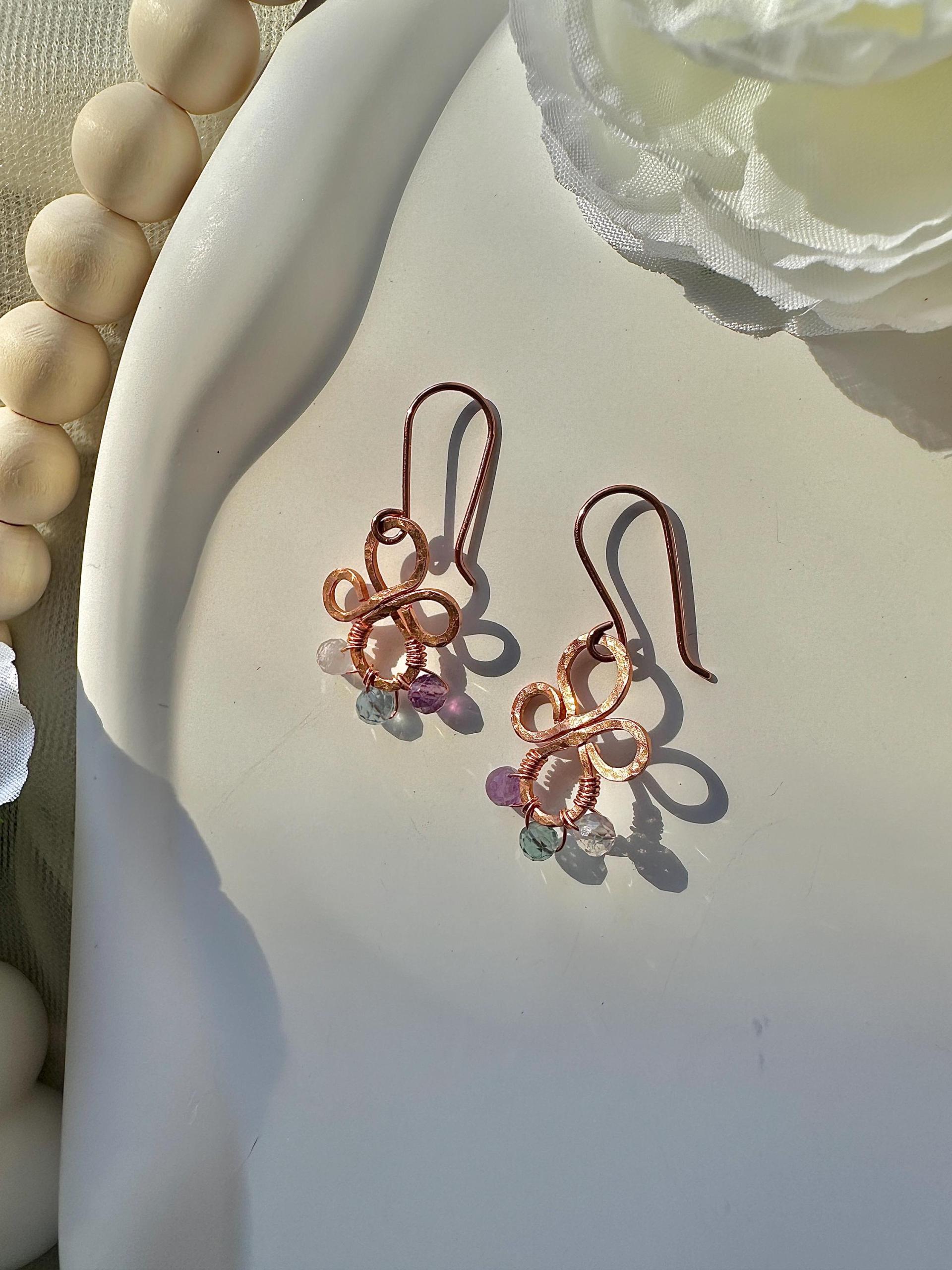 Natural Rainbow Fluorite Hammered Copper Fleur Earrings