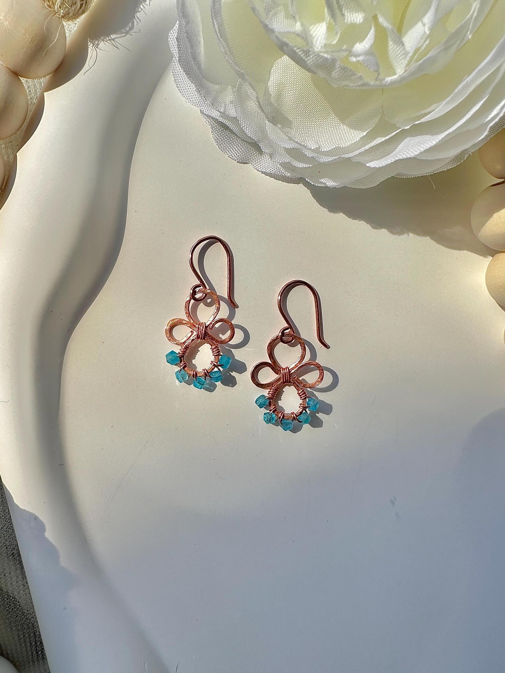 Natural Apatite Hammered Copper Fleur Earrings