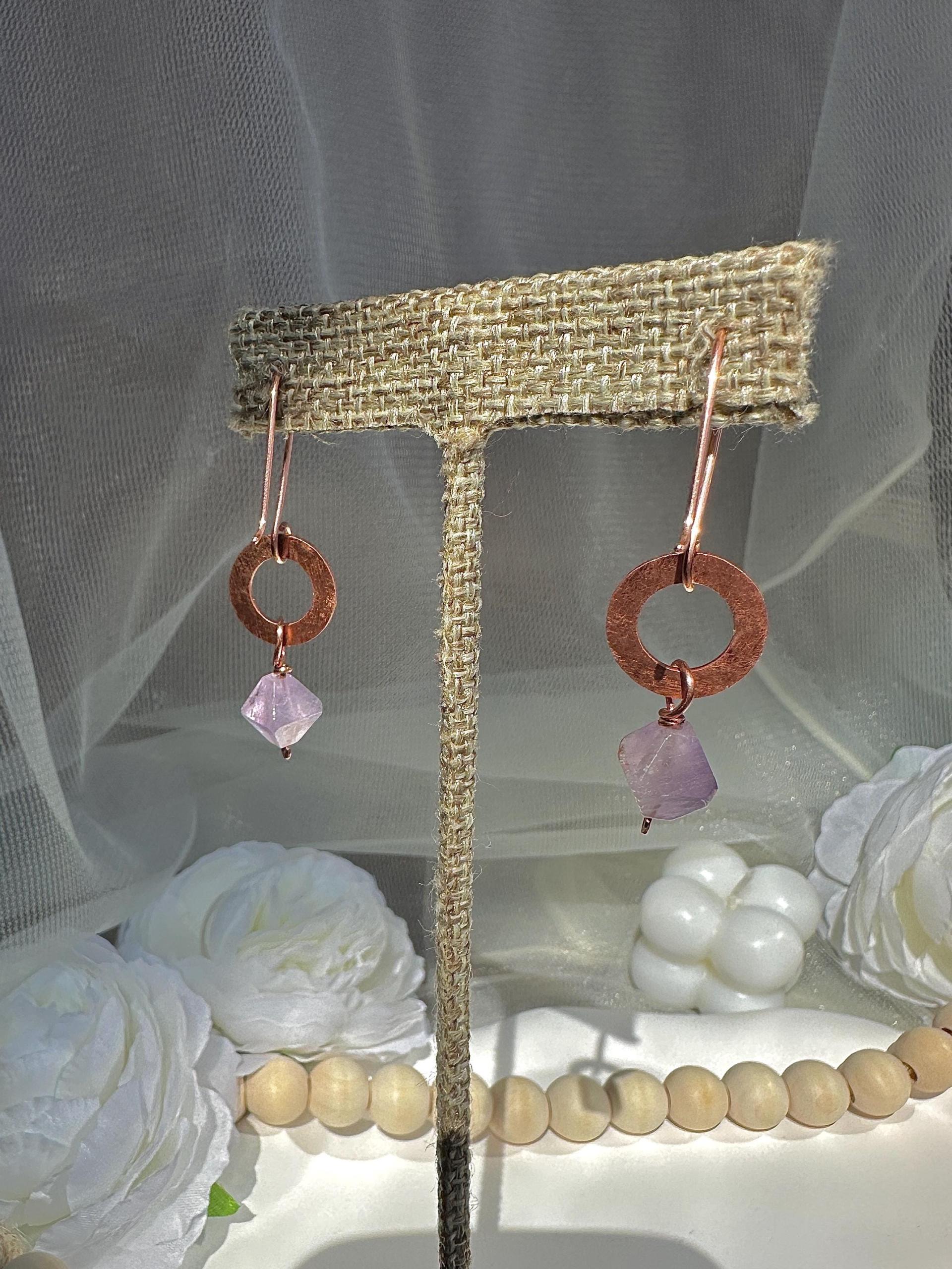 Natural Amethyst Hammered Copper Ring Earrings