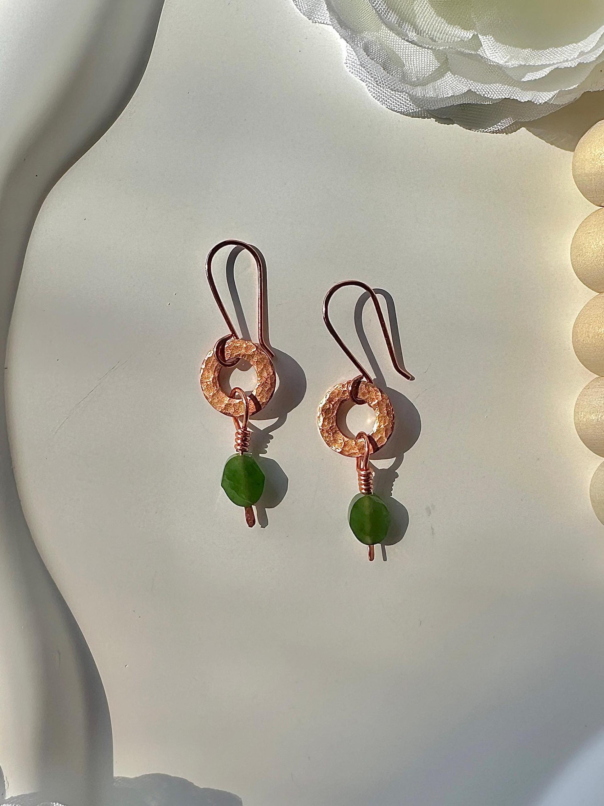Natural Jade Hammered Copper Ring Earrings
