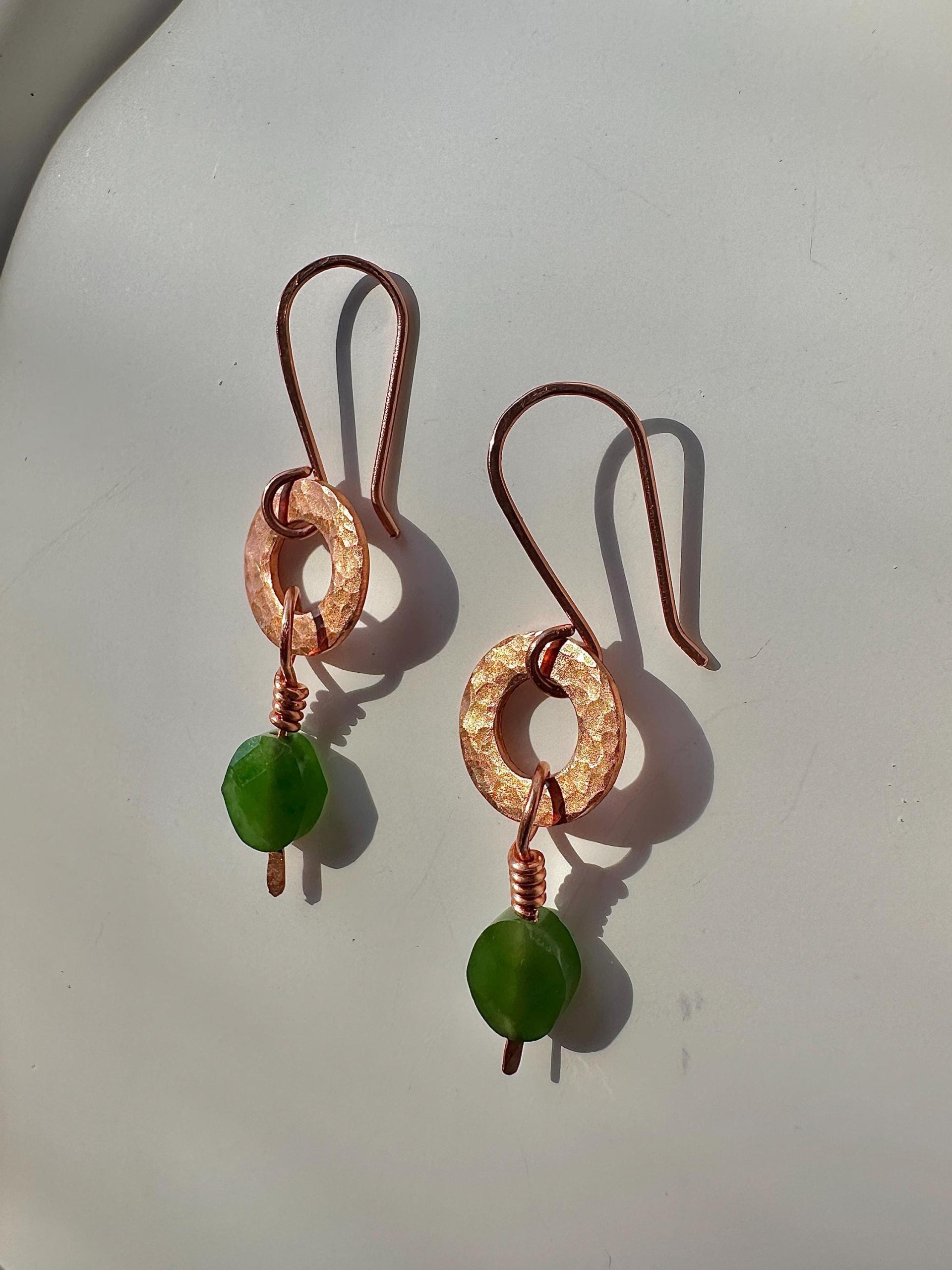 Natural Jade Hammered Copper Ring Earrings