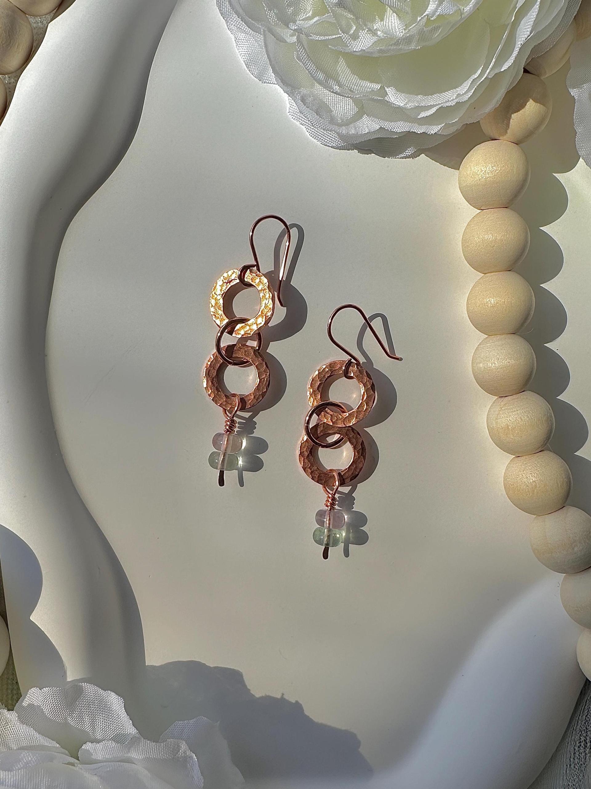 Natural Fluorite Hammered Copper Rings Earrings