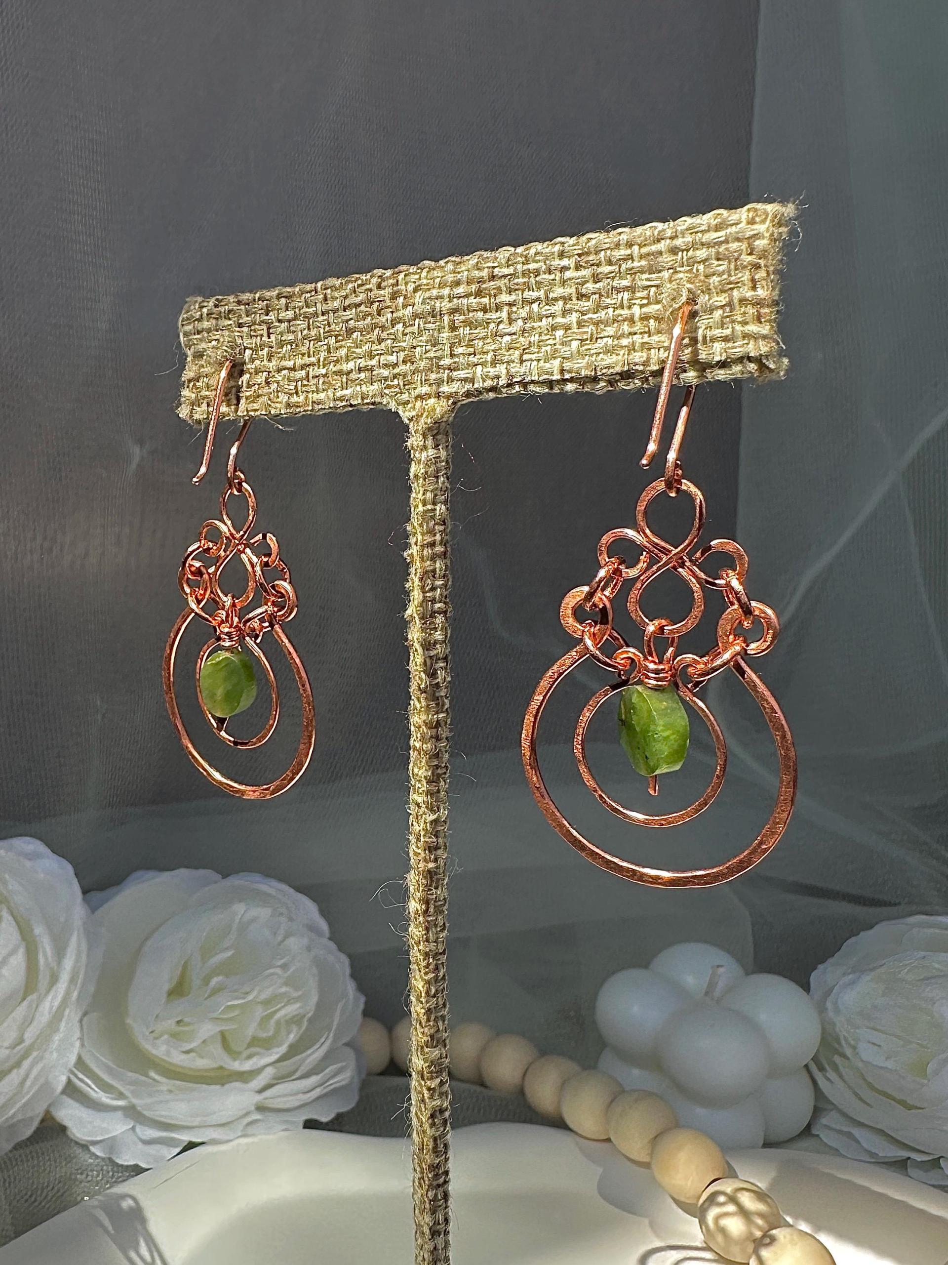 Natural Jade Hammered Copper Dangle Earrings