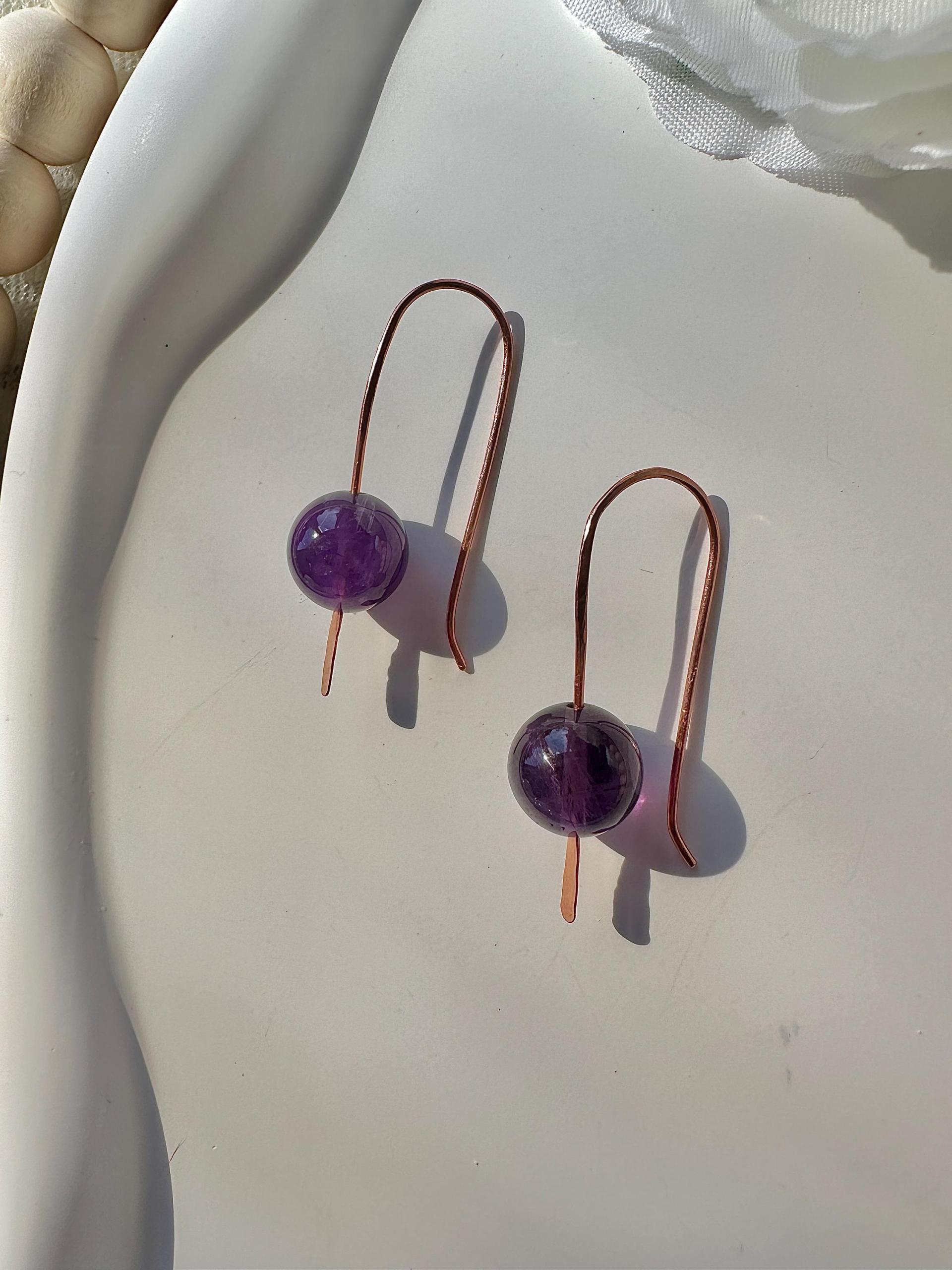 Natural Amethyst Hammered Copper Minimalist Earrings