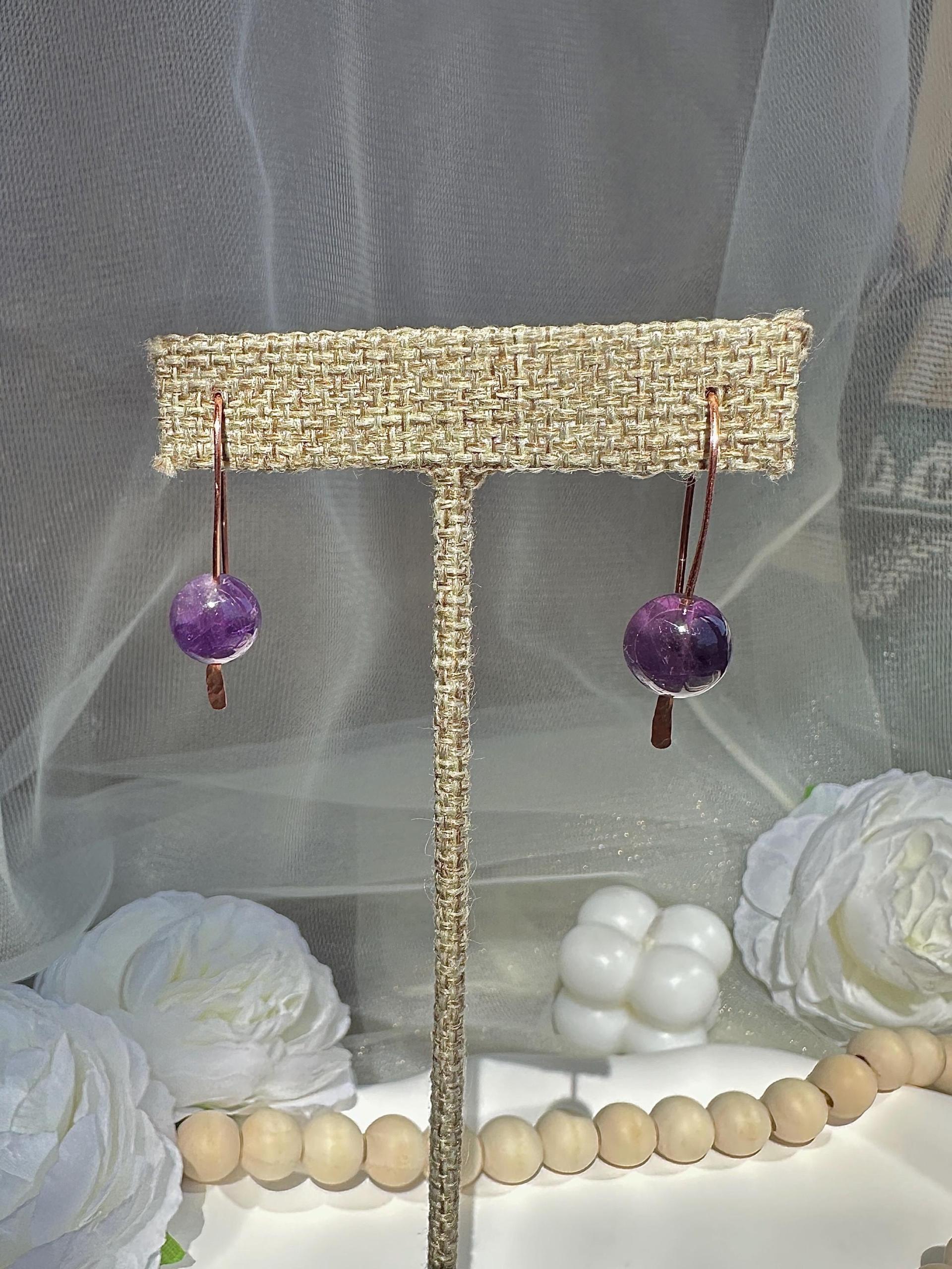 Natural Amethyst Hammered Copper Minimalist Earrings