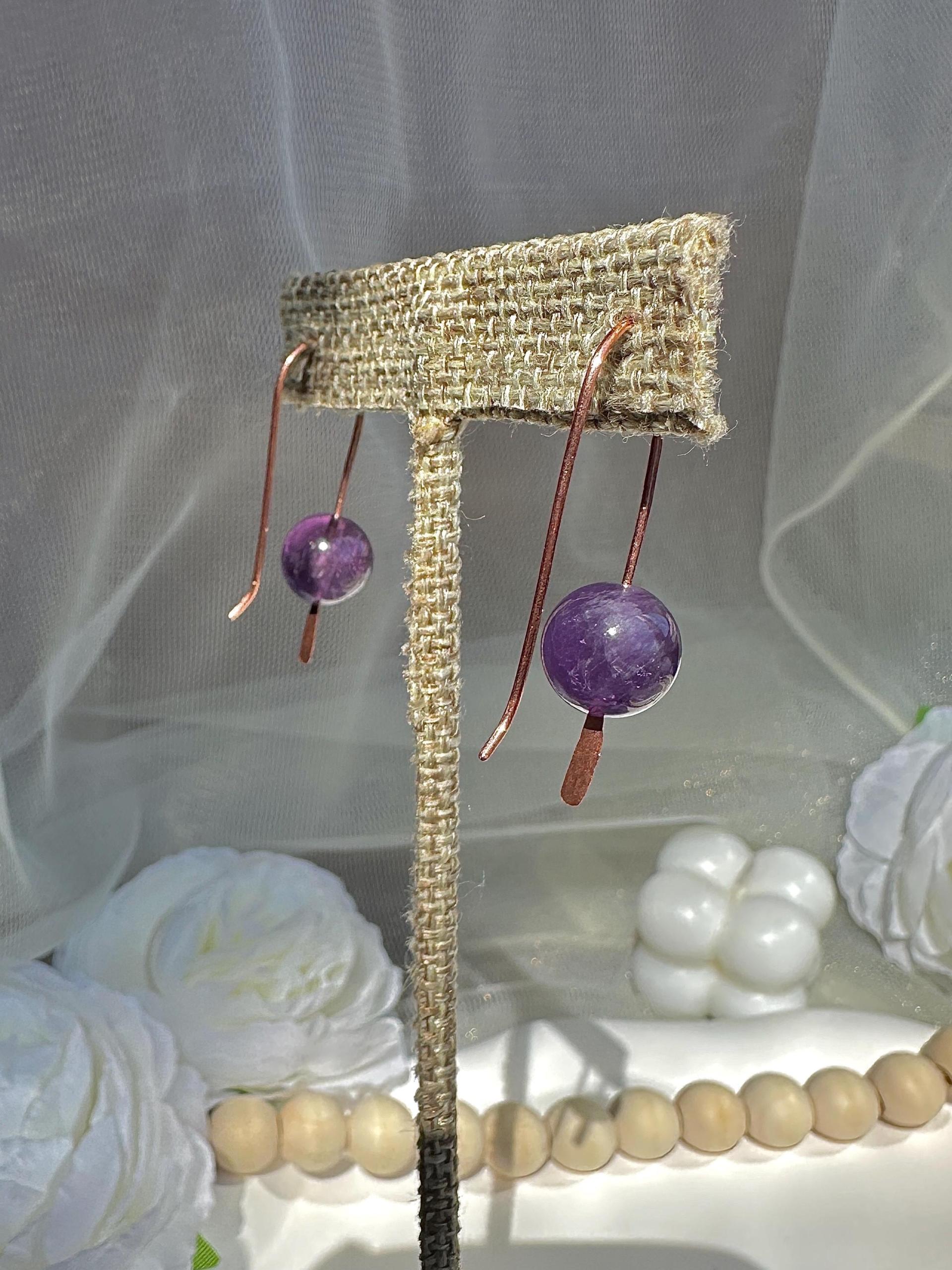 Natural Amethyst Hammered Copper Minimalist Earrings