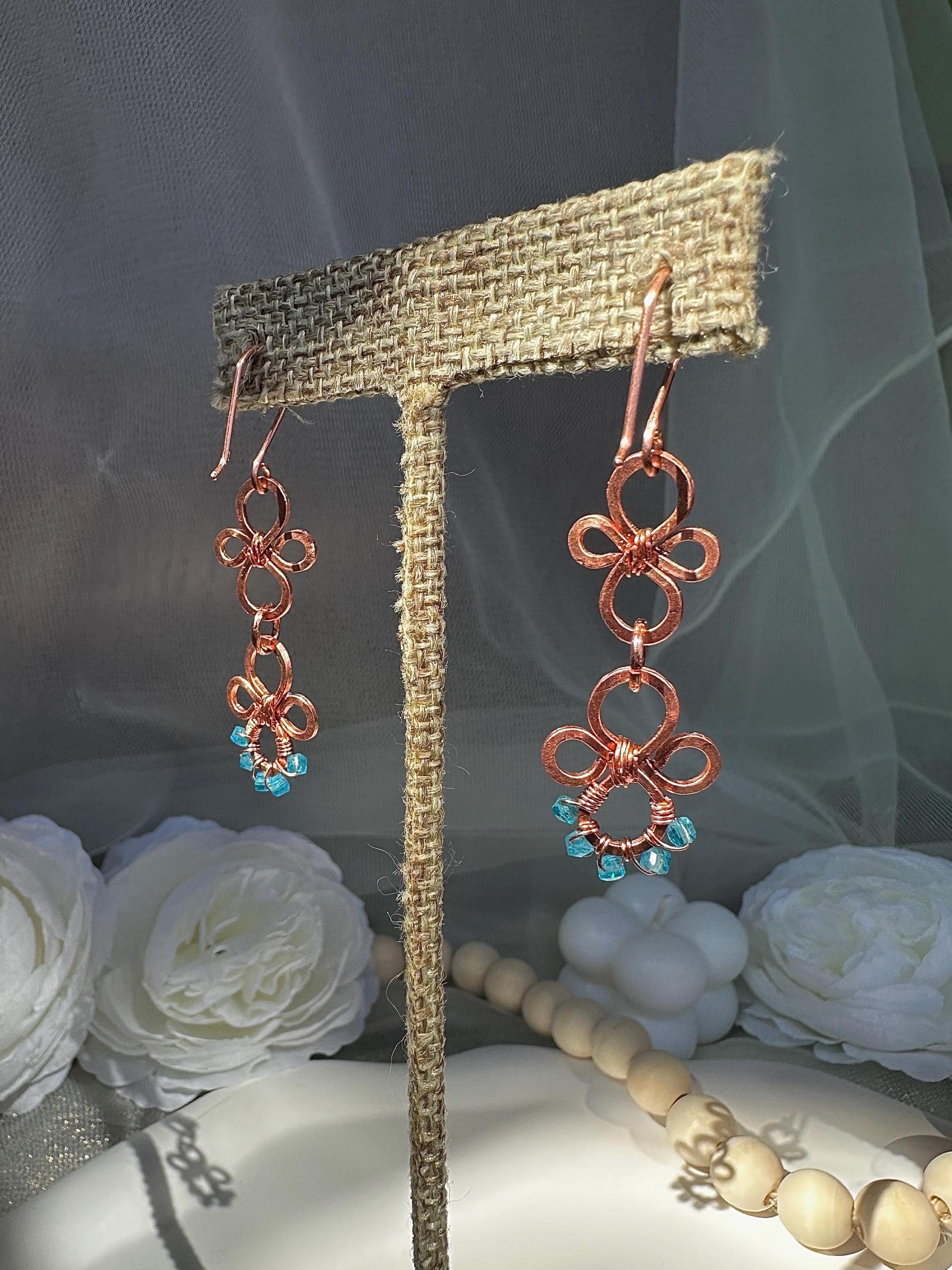Natural Apatite Hammered Copper Fleur Dangle Earrings