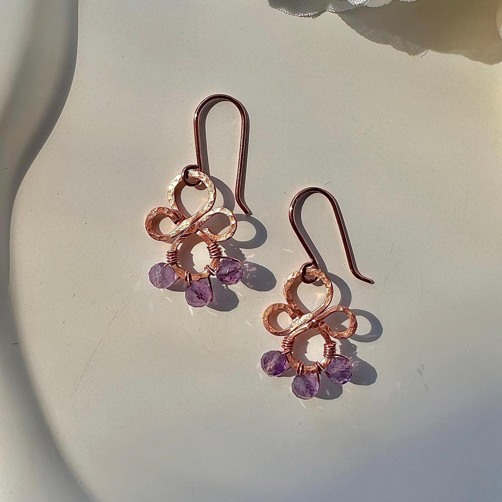 Natural Amethyst Hammered Fleur Copper Earrings