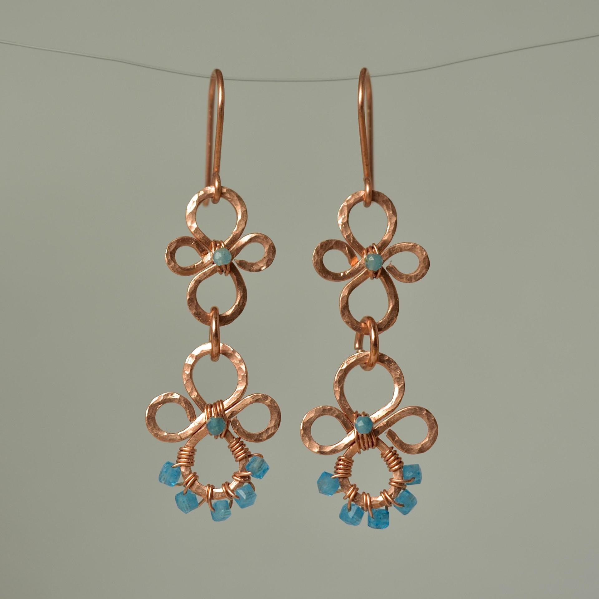 Natural Apatite Hammered Copper Fleur Dangle Earrings